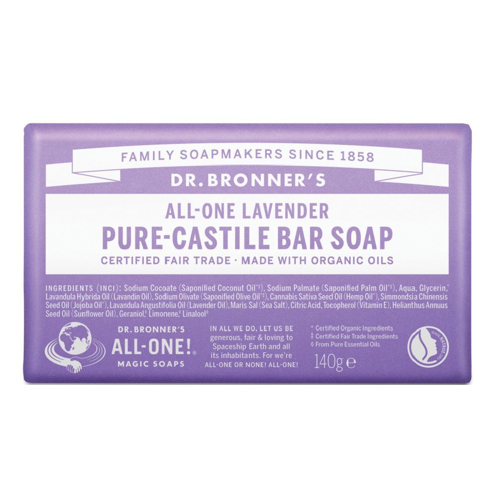 Lila Seife von Dr. Bronner's. "All-One Lavender" Bar Soap. Verpackung mit Inhaltsstoffen und Zertifizierungen. 140g.