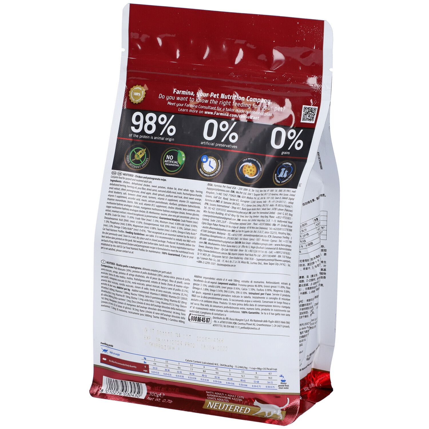 Rückseite Trockenfutter-Beutel. Textabschnitte, Angaben zu Inhaltsstoffen. Aufschrift 98% tierischen Ursprungs, 0% Konservierungsstoffe, 0% künstliche Farbstoffe.