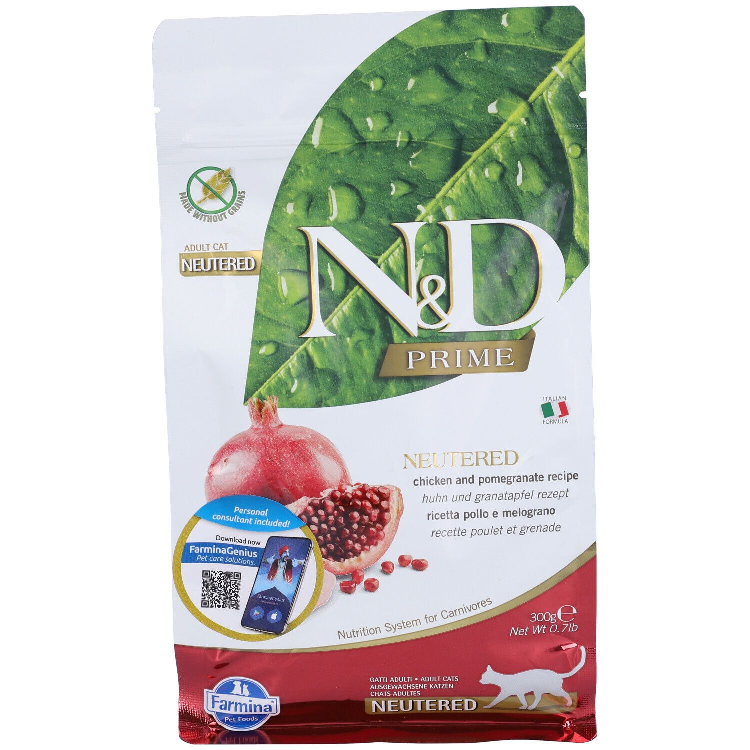 Trockenfutter-Beutel. Aufschrift N&D Prime Neutered, Granatapfel-Abbildung. Text in Deutsch, Italienisch, Französisch. 300g.