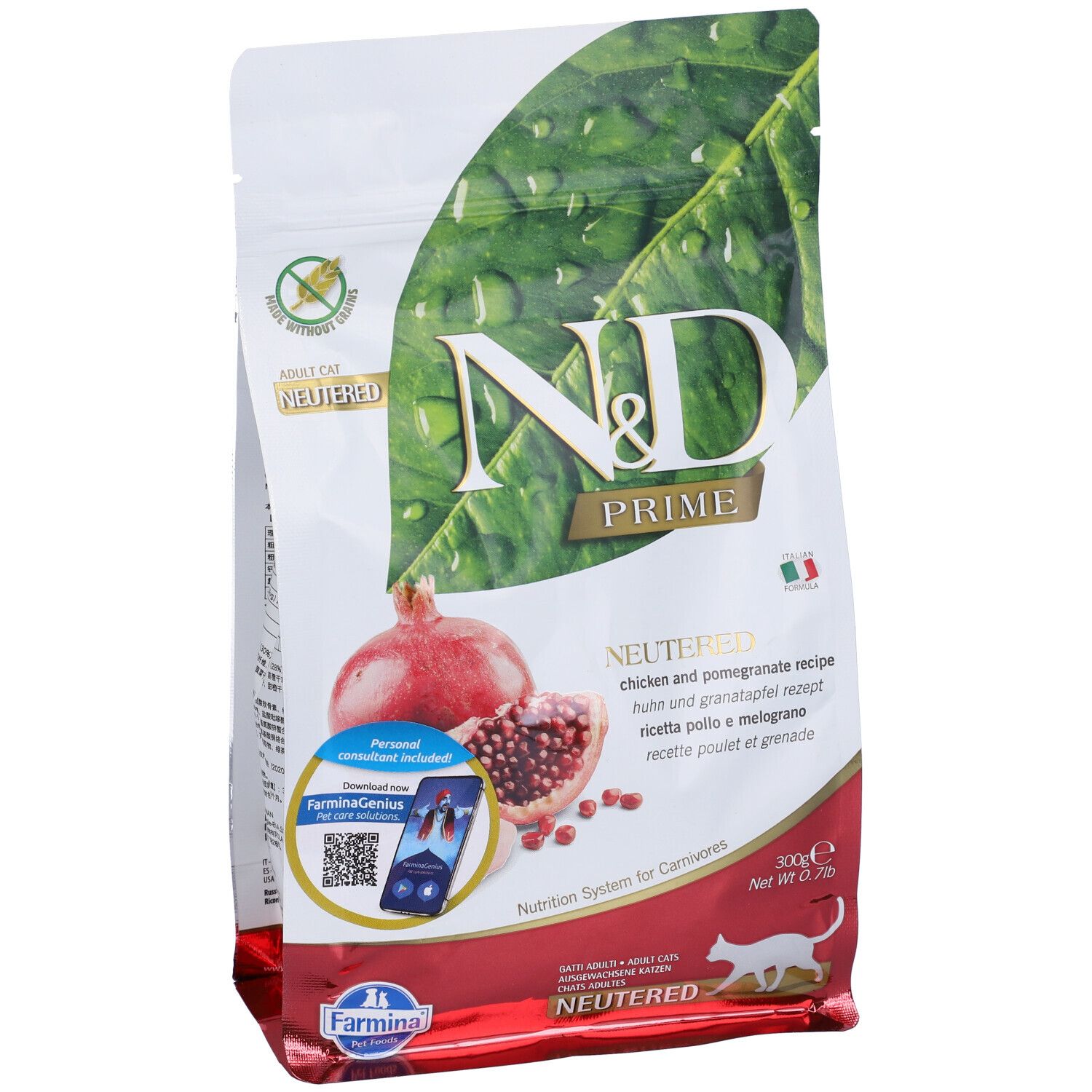 Trockenfutter-Beutel. Aufschrift N&D Prime Neutered, Granatapfel-Abbildung. Text in Deutsch, Italienisch, Französisch. 300g.