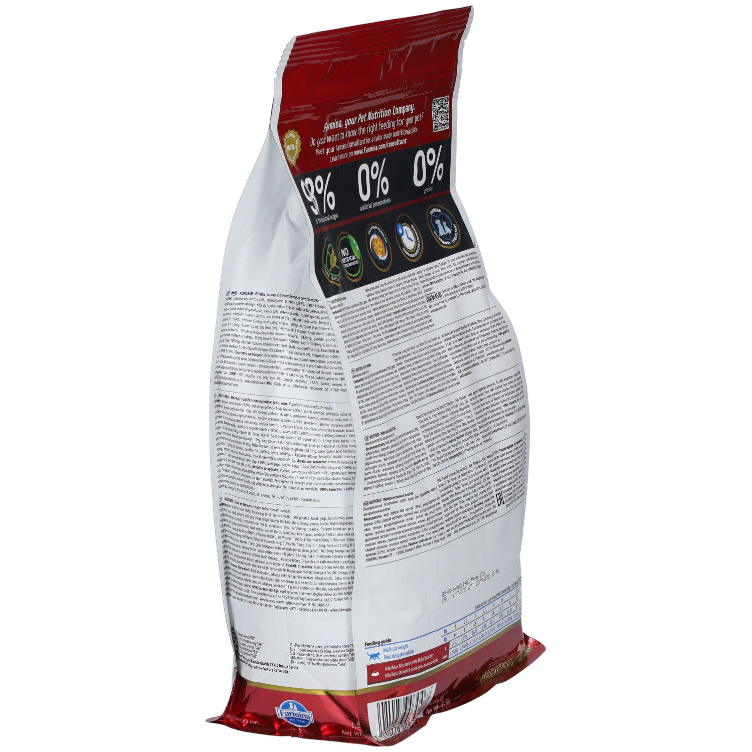 Schrägansicht der Rückseite des Trockenfutterbeutels. Text mit Informationen zu Nährwerten und Inhaltsstoffen. Roter und weißer Hintergrund.
