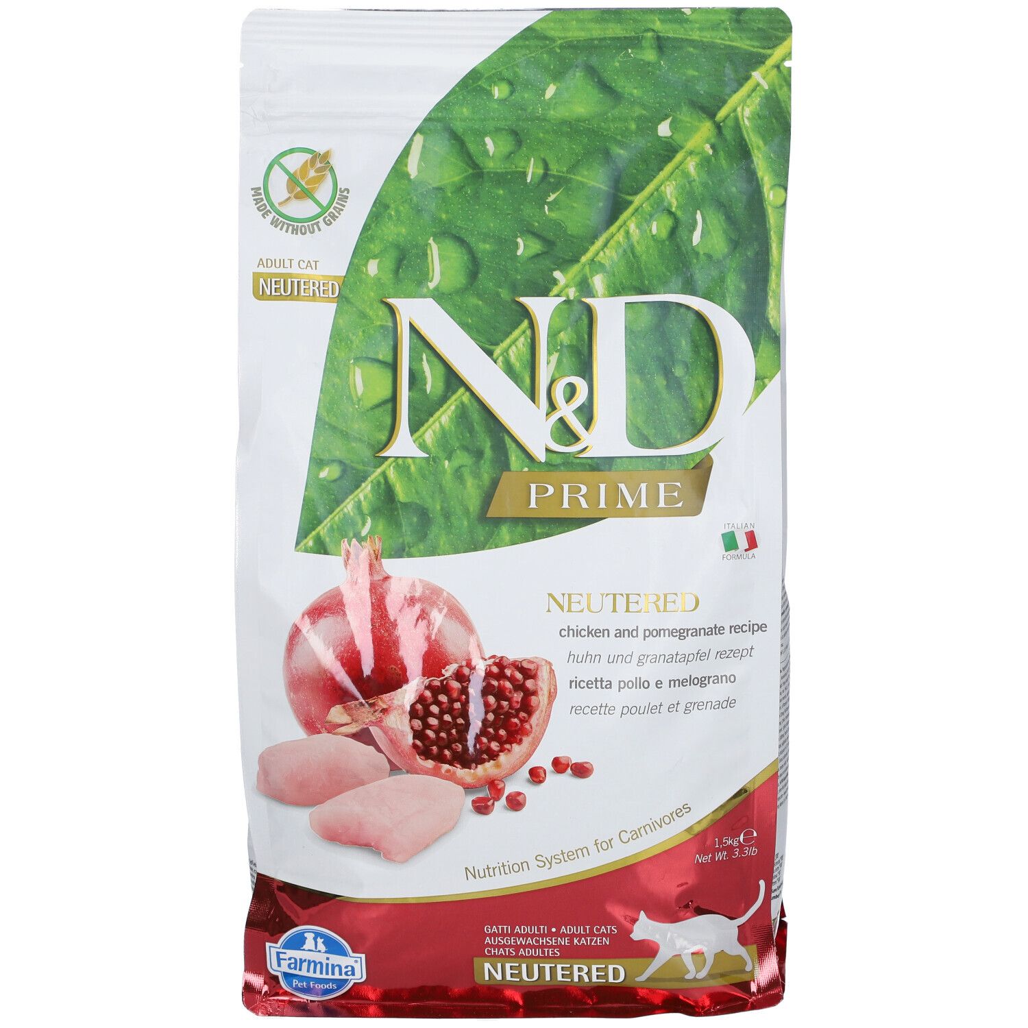 Trockenfutterbeutel. N&D Prime, Neutered, Adult Cat. Abbildung von Granatapfel, Hühnchen und Blättern. Text in Deutsch, Italienisch, Französisch.