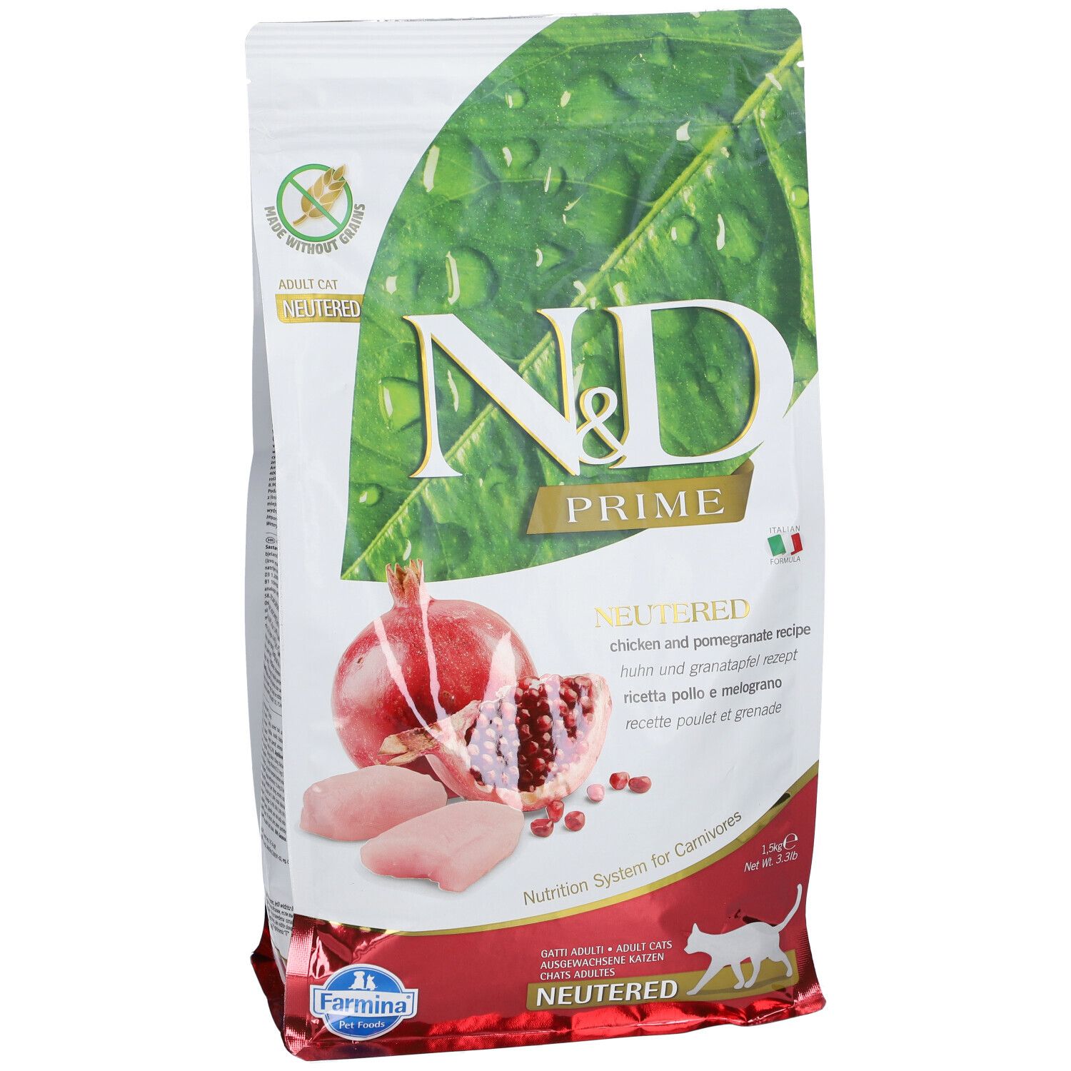 Trockenfutterbeutel. N&D Prime, Neutered, Adult Cat. Abbildung von Granatapfel, Hühnchen und Blättern. Text in Deutsch, Italienisch, Französisch.