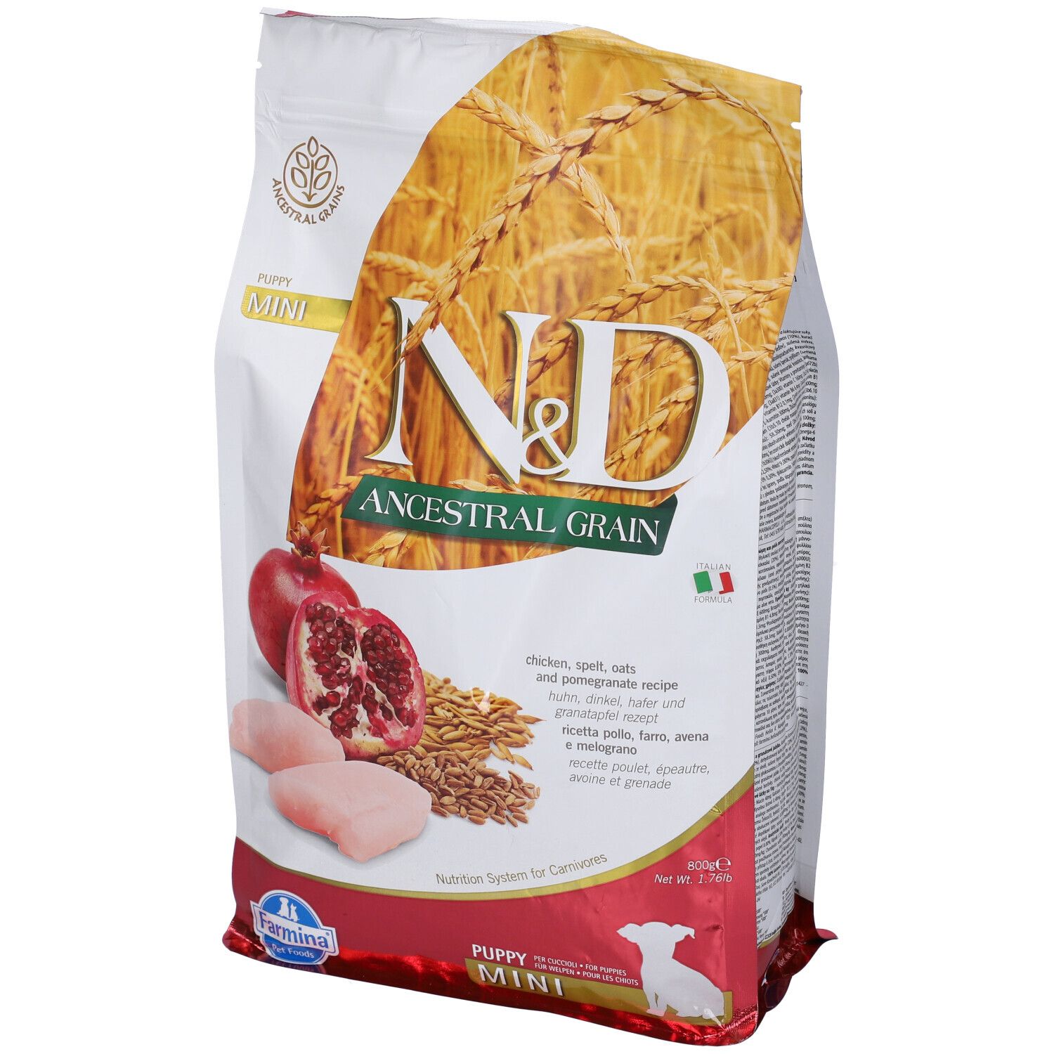 Beutel Trockenfutter Farmina N&D Low Ancestral Grain. Aufdruck: N&D, Ancestral Grain, Mini, Huhn, Dinkel, Hafer, Granatapfel.