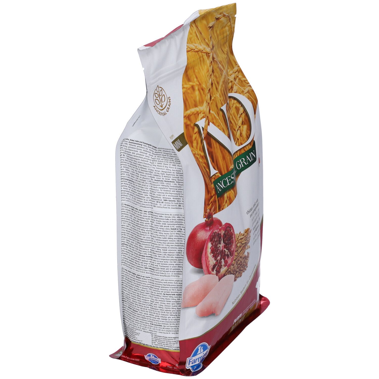 Seitenansicht des Trockenfutterbeutels Farmina N&D Low Ancestral Grain. Aufdruck: N&D, Ancestral Grain, Mini, Abbildung von Granatapfel.