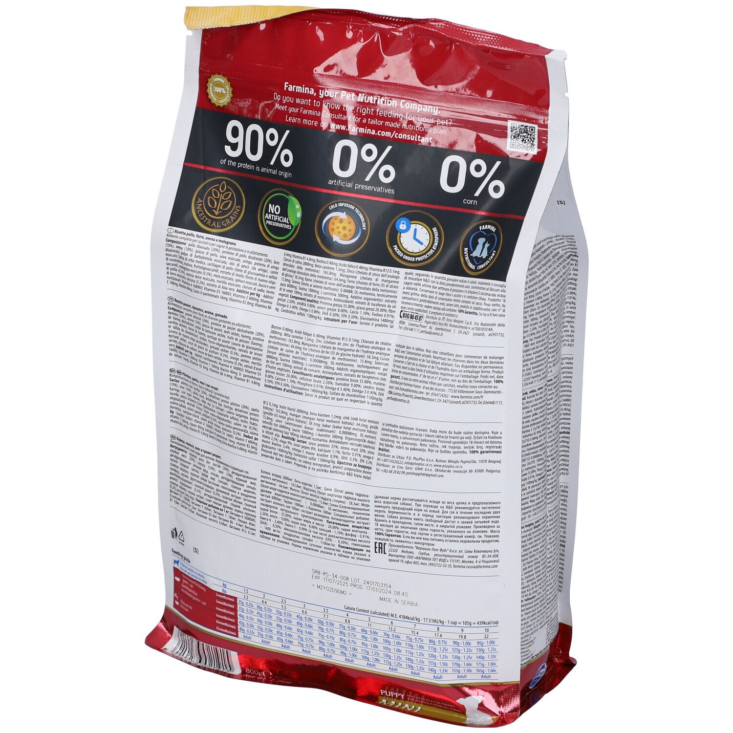 Rückseite des Trockenfutterbeutels Farmina N&D Low Ancestral Grain. Aufdruck: 90% tierische Zutaten, keine künstlichen Konservierungsstoffe.