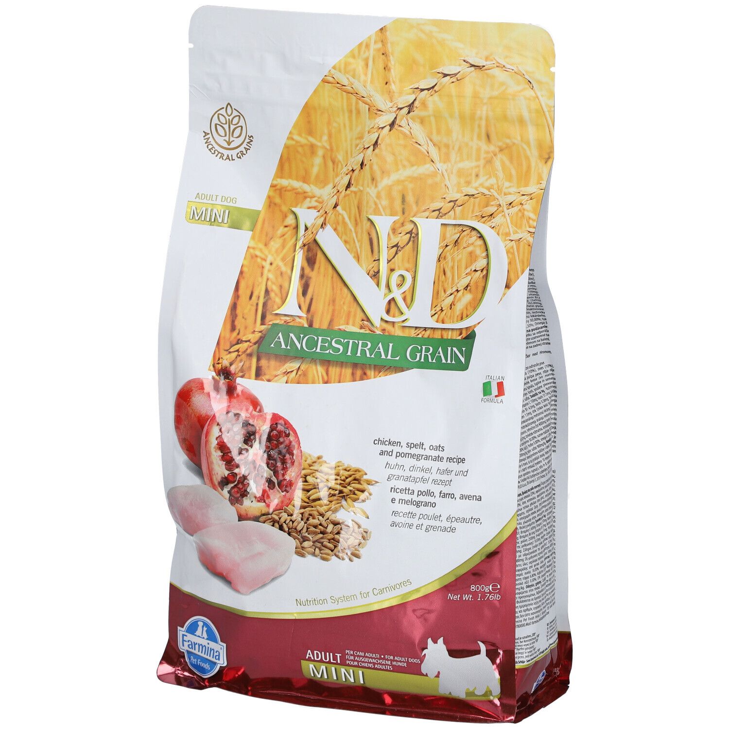 Hundefutterbeutel mit N&D-Logo, Getreide- und Granatapfel-Abbildung. Text: Huhn, Dinkel, Hafer, Adult Mini.