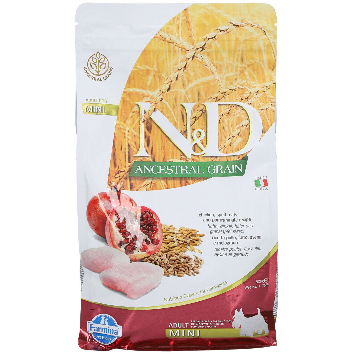 Hundefutterbeutel mit N&D-Logo, Getreide- und Granatapfel-Abbildung. Text: Huhn, Dinkel, Hafer, Adult Mini.