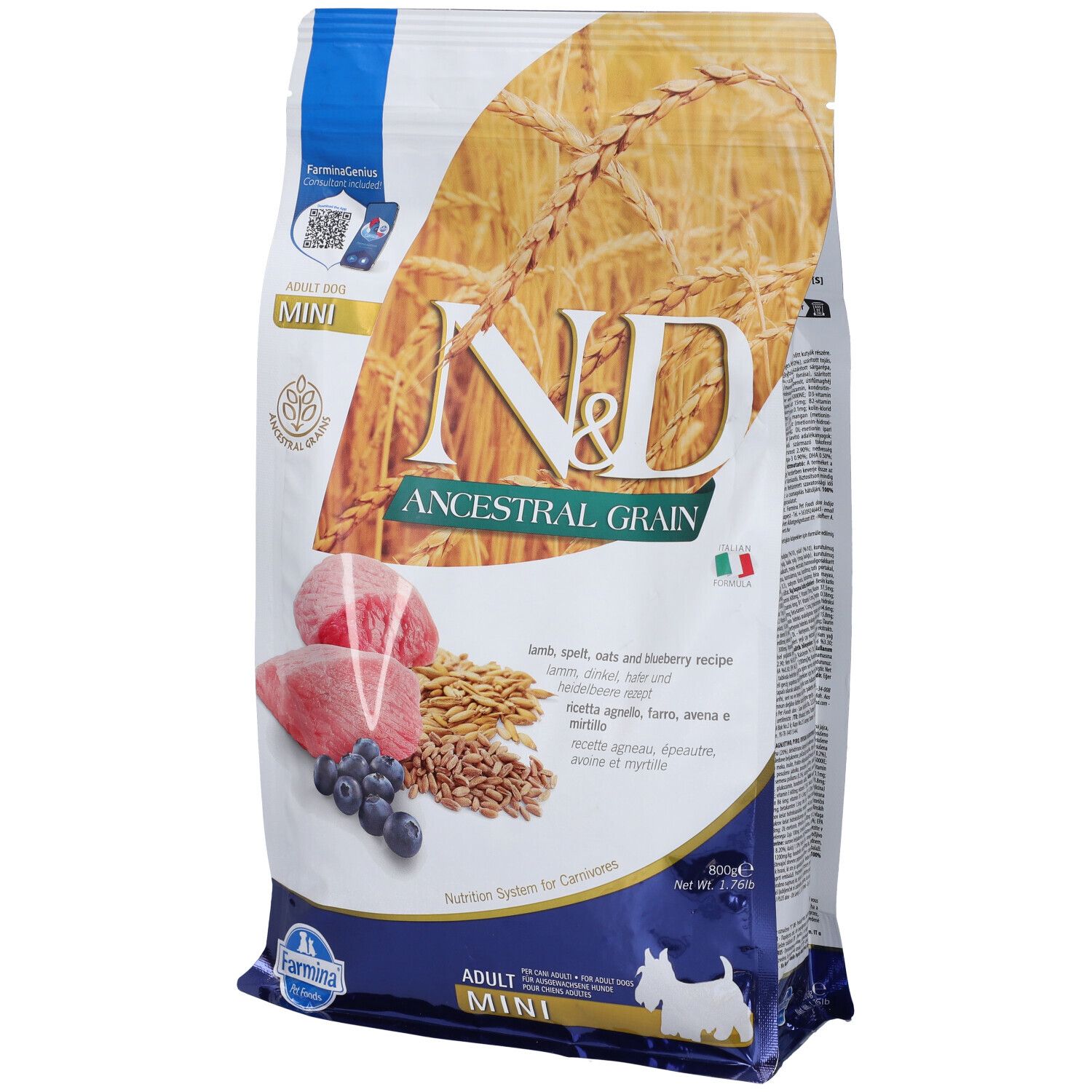 Hundefutterbeutel mit N&D Ancestral Grain. Abbildung von Lamm, Dinkel, Hafer, Heidelbeeren. Text: Adult Mini.
