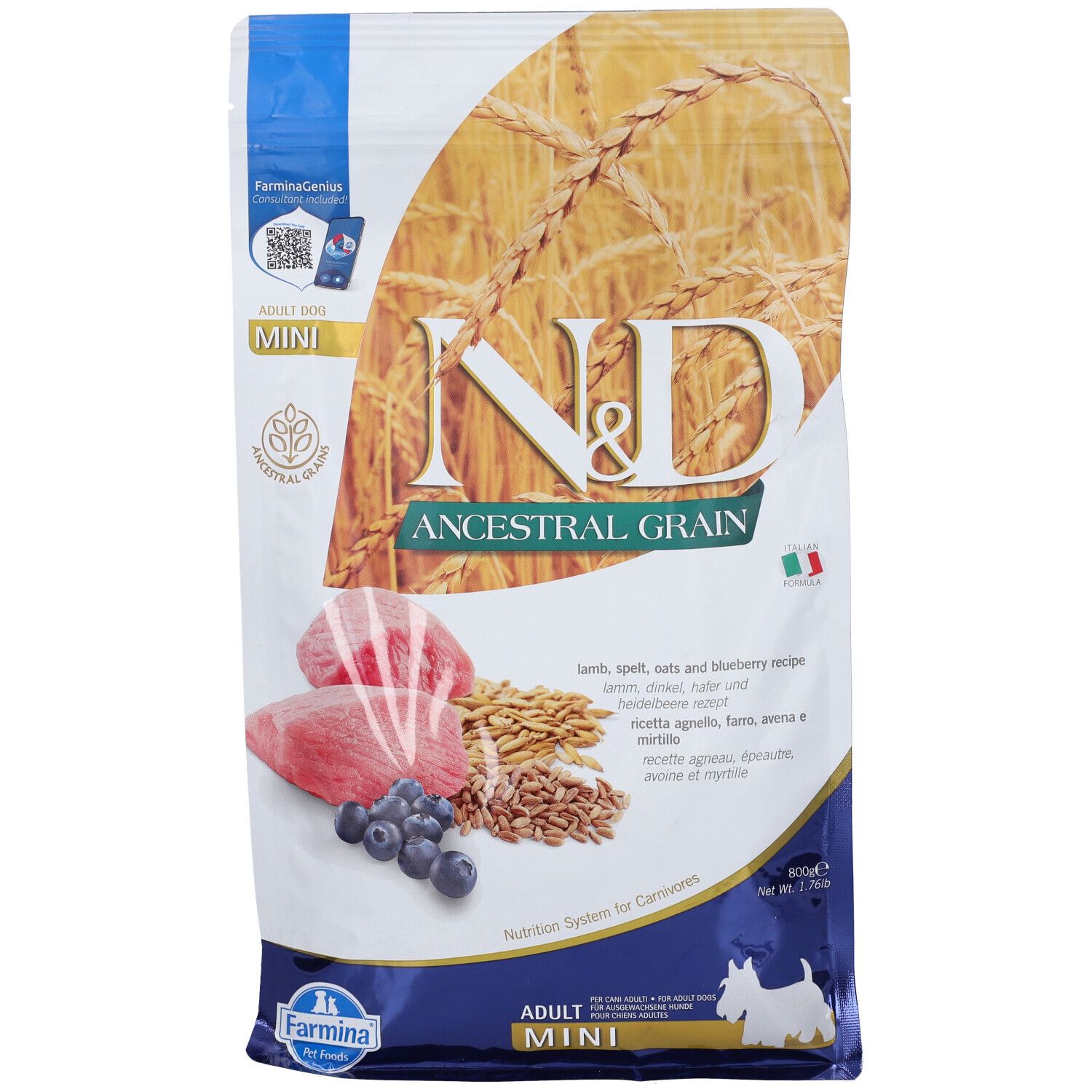 Hundefutterbeutel mit N&D Ancestral Grain. Abbildung von Lamm, Dinkel, Hafer, Heidelbeeren. Text: Adult Mini.