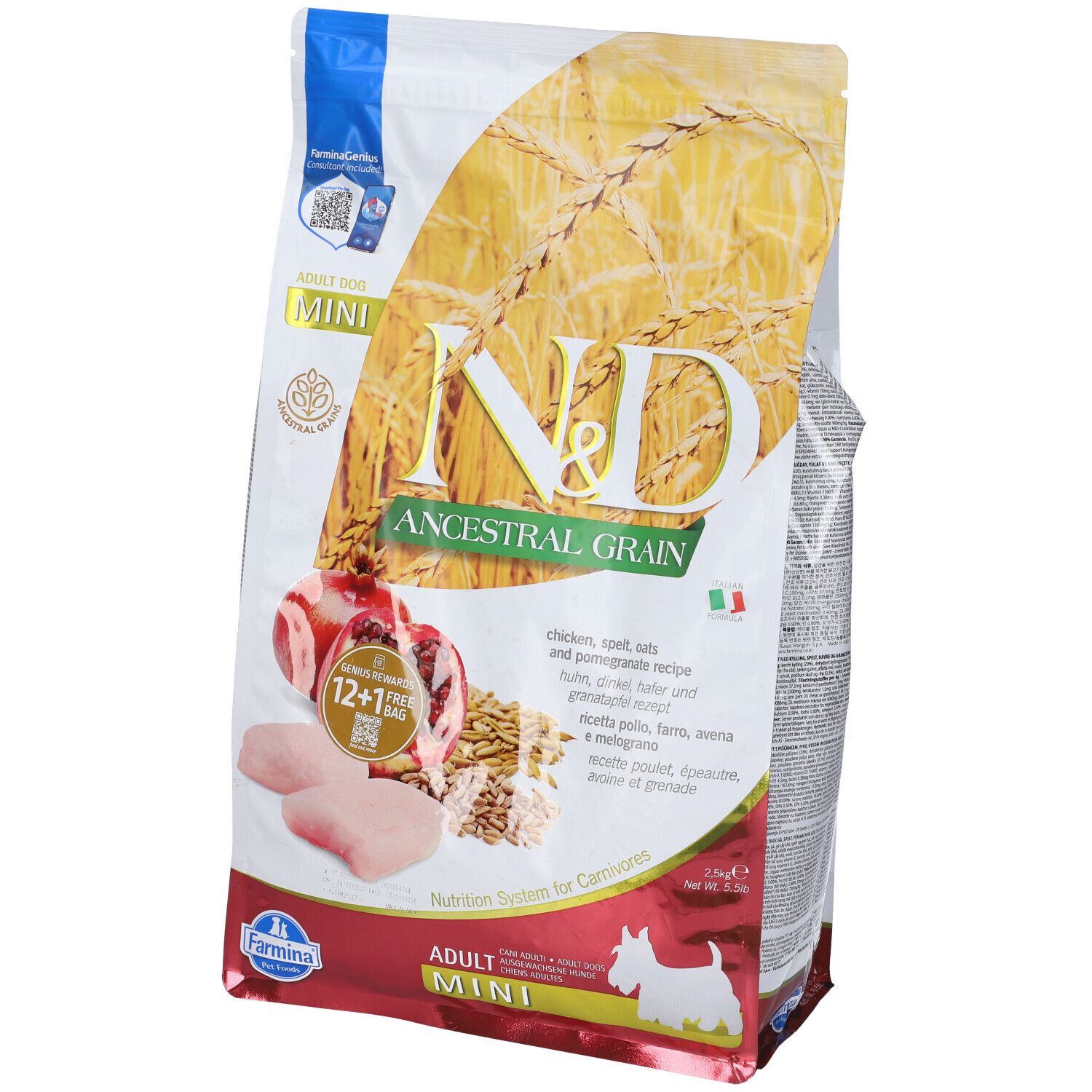 Beutel Trockenfutter. N&D Ancestral Grain, Huhn, Dinkel, Hafer & Granatapfel. Mini-Format. Mit QR-Code.