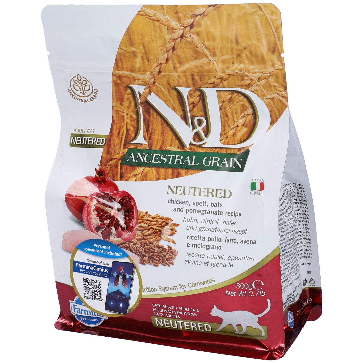 Beutel Trockenfutter. N&D Ancestral Grain, Neutered, Adult Katze. Abbildung von Granatapfel, Getreide und Produktinformationen.