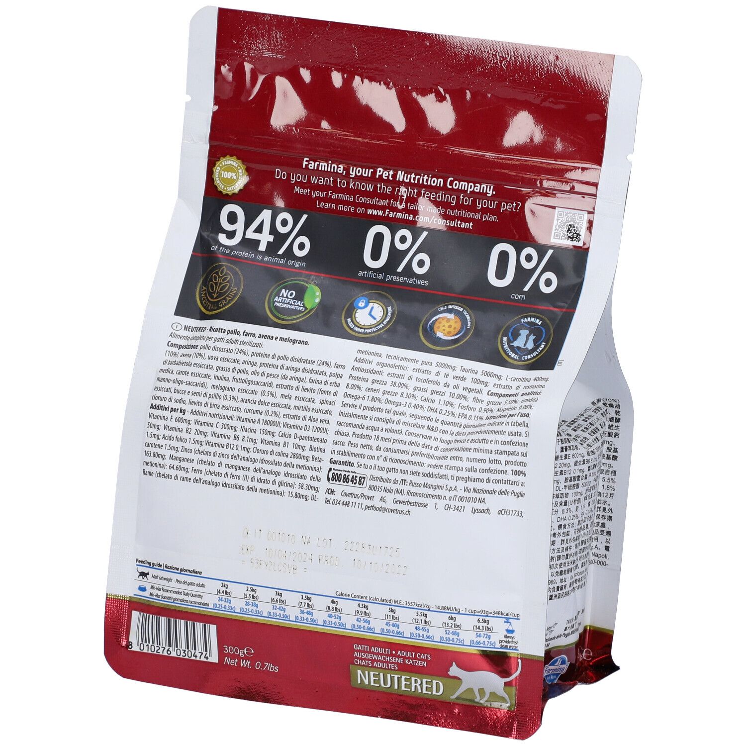 Rückseite des Trockenfutterbeutels. N&D Ancestral Grain, Neutered, Adult Katze. Produktinformationen und Nährwertangaben.