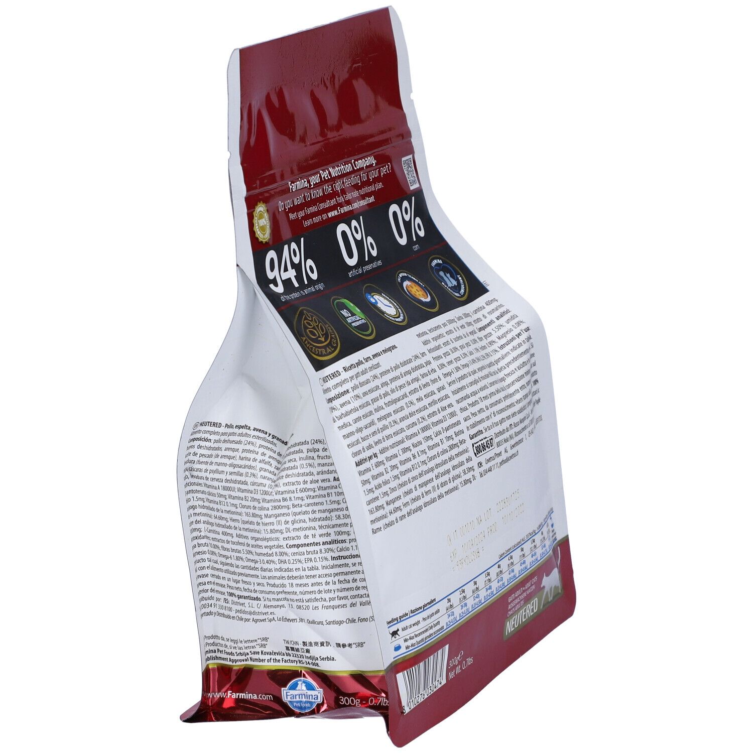 Seitenansicht des Trockenfutterbeutels. N&D Ancestral Grain, Neutered, Adult Katze. Produktinformationen und Nährwertangaben.
