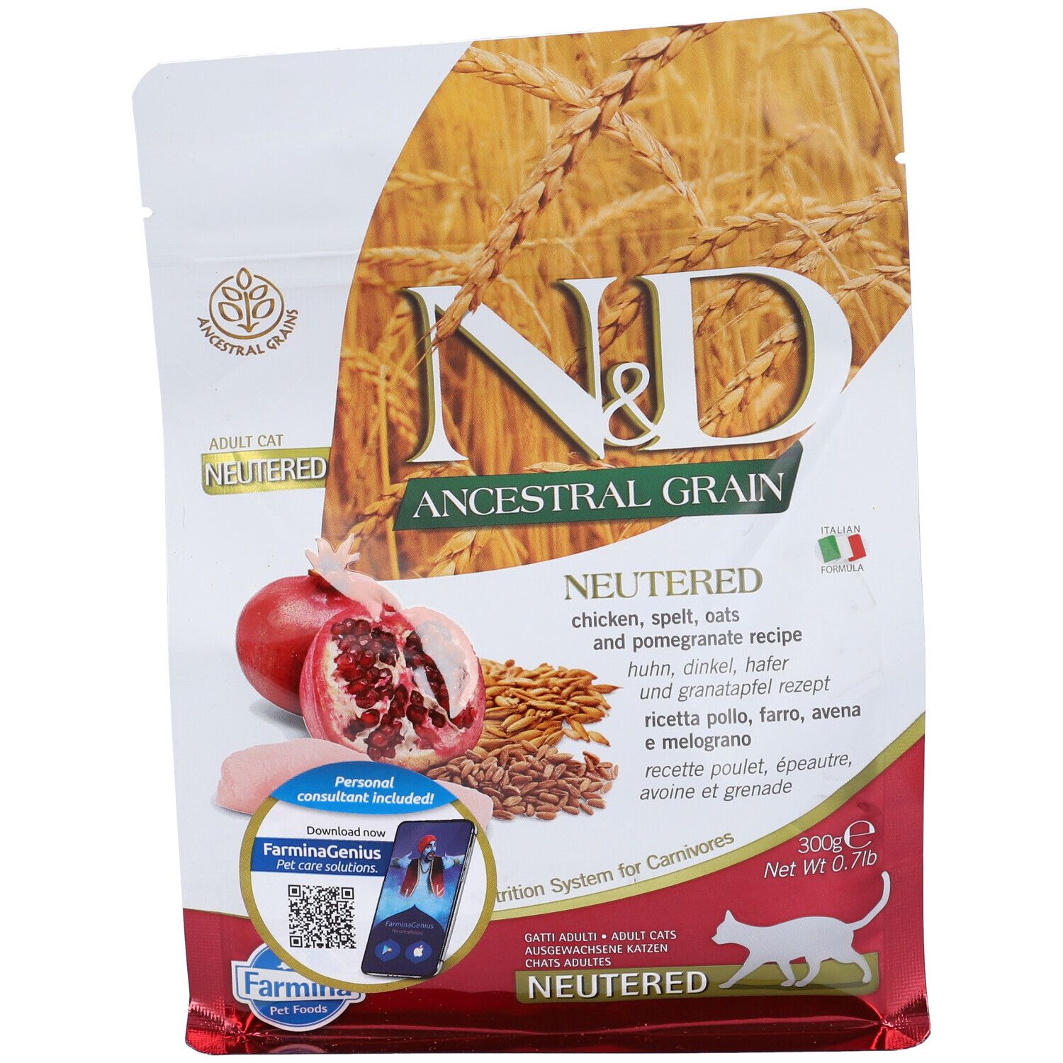 Trockenfutterbeutel. N&D Ancestral Grain, Neutered, Adult Katze. Abbildung von Granatapfel und Getreide.