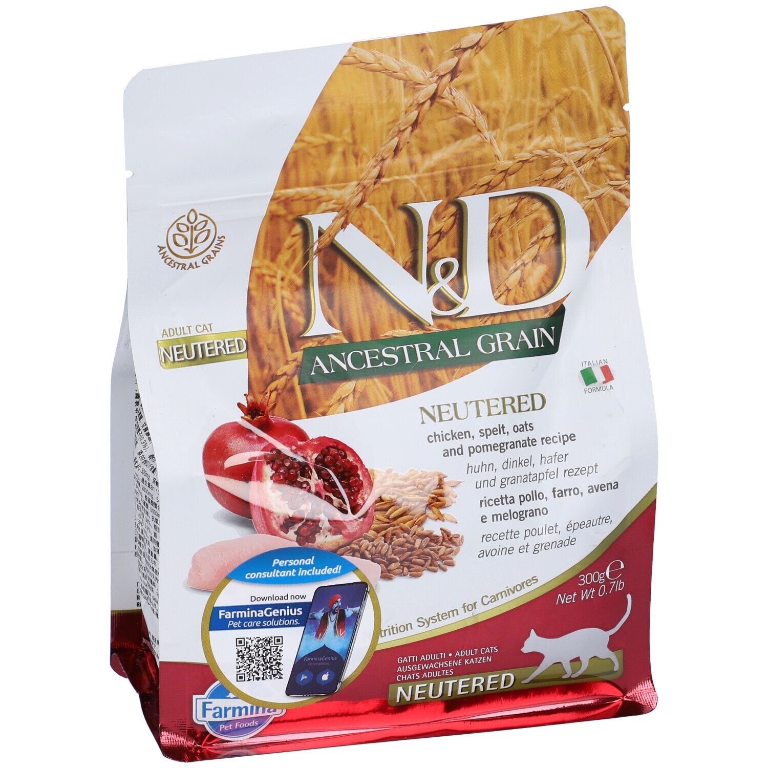 Trockenfutterbeutel. N&D Ancestral Grain, Neutered, Adult Katze. Abbildung von Granatapfel, Getreide und Produktinformationen.