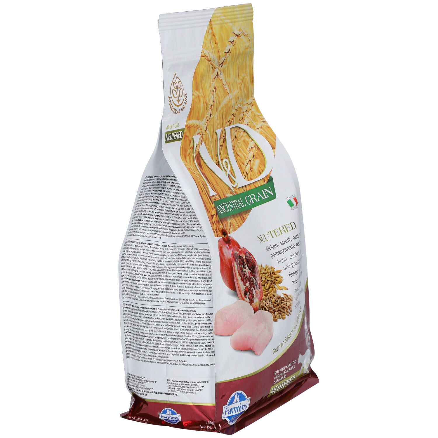 Seitenansicht des Trockenfutterbeutels. Aufdruck: N&D Ancestral Grain, Neutered. Abbildung von Huhn, Granatapfel und Getreide. Farmina Logo.
