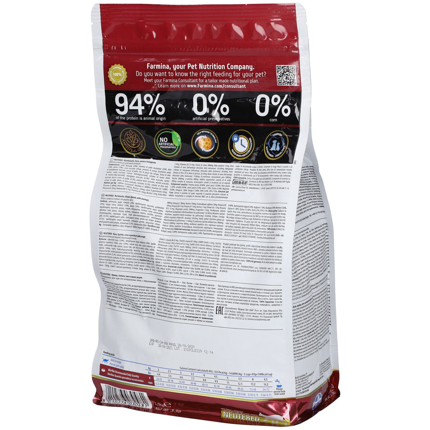 Rückseite des Trockenfutterbeutels. Aufdruck: 94% tierischen Ursprungs, 0% künstliche Konservierungsstoffe, 0% Getreide. Farmina Logo.