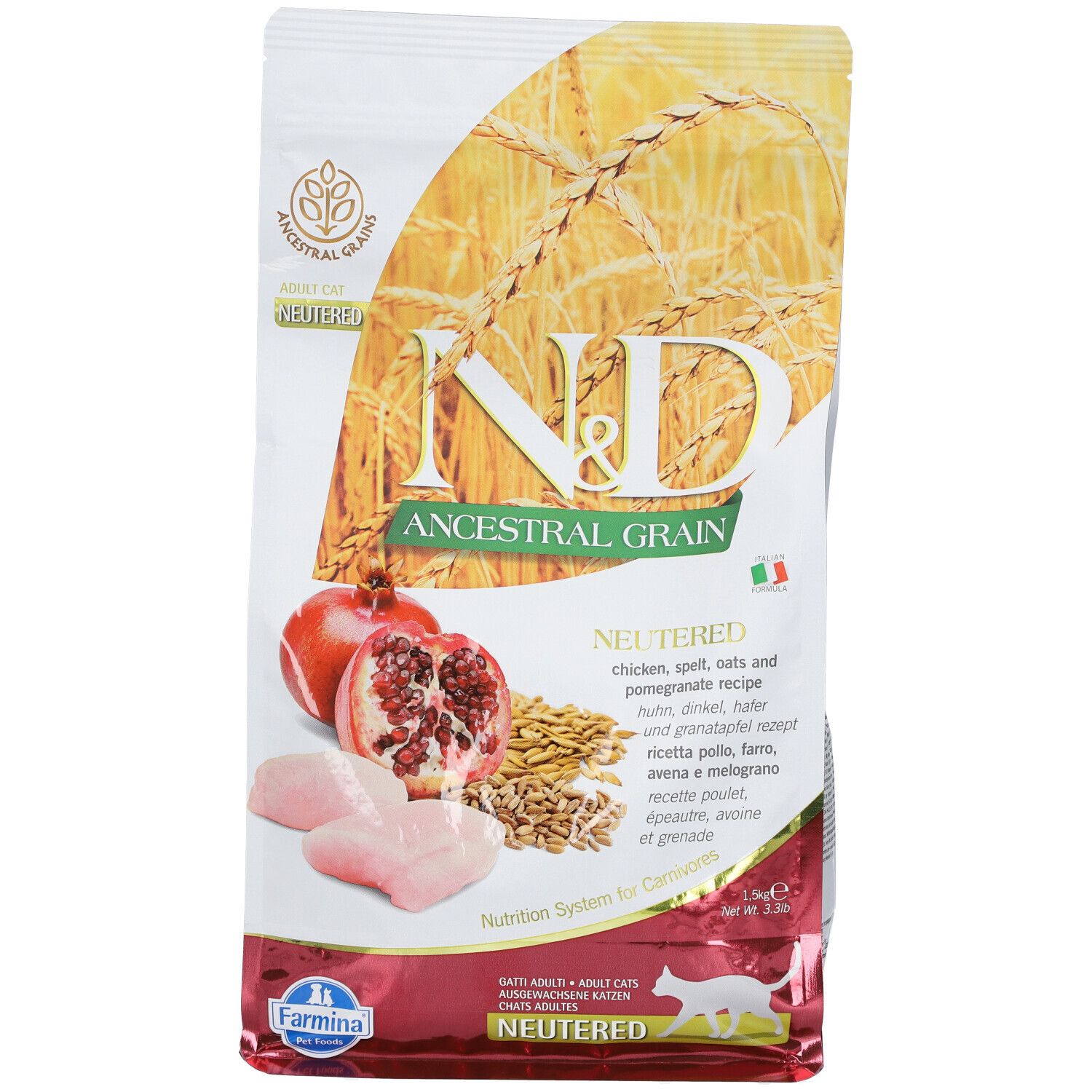 Trockenfutterbeutel. Aufdruck: N&D Ancestral Grain, Neutered. Abbildung von Huhn, Granatapfel und Getreide. Farmina Logo.