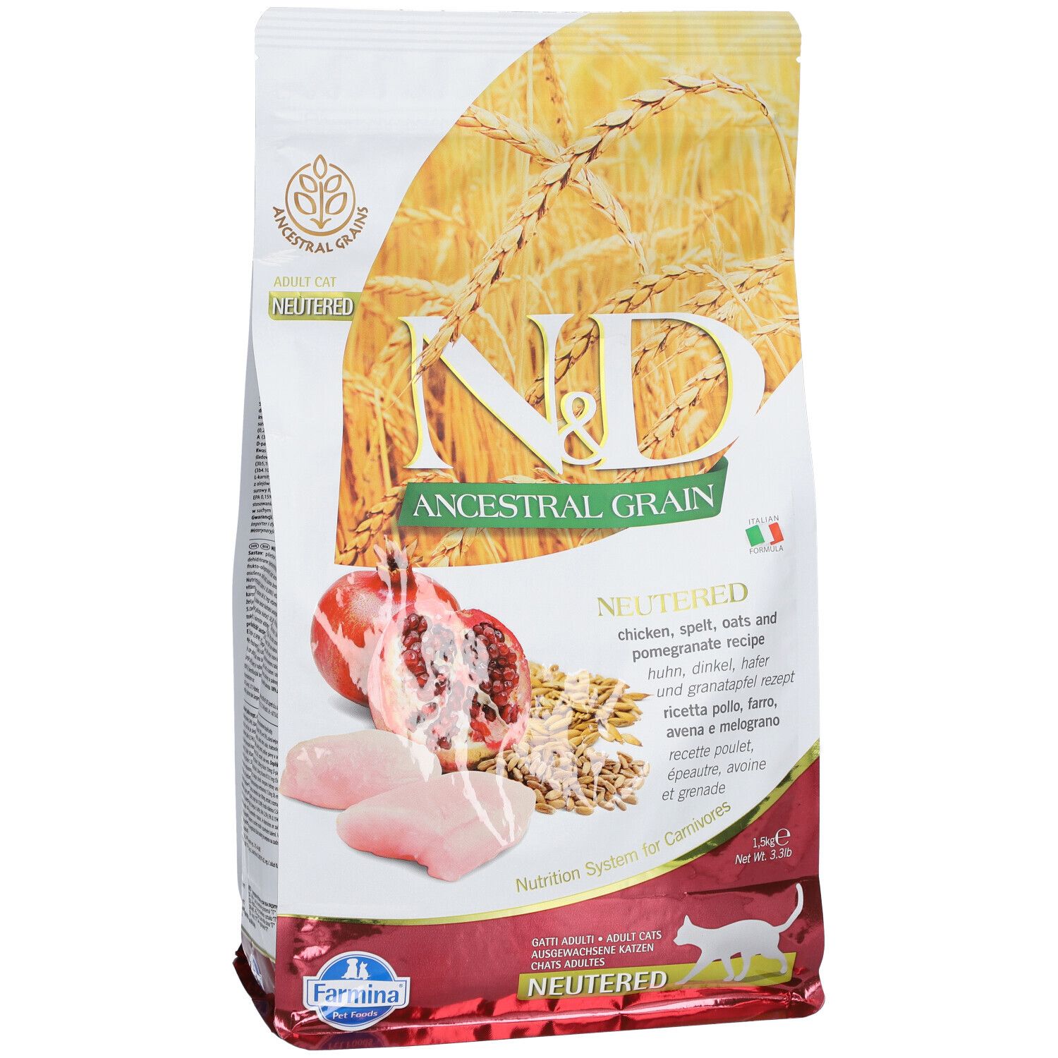 Trockenfutterbeutel. Aufdruck: N&D Ancestral Grain, Neutered. Abbildung von Huhn, Granatapfel und Getreide. Farmina Logo.