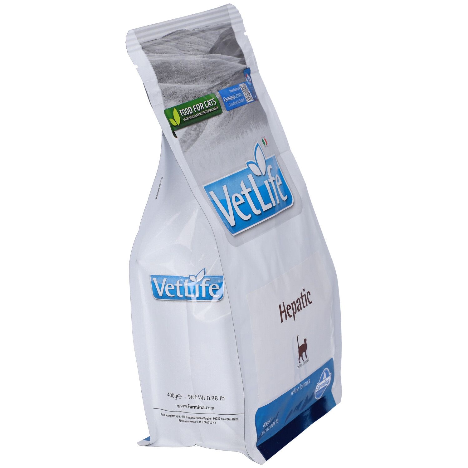Schräg stehender Beutel Trockenfutter für Katzen. Aufschrift 'VetLife Hepatic'. Logo mit Katze. Farmina-Logo.