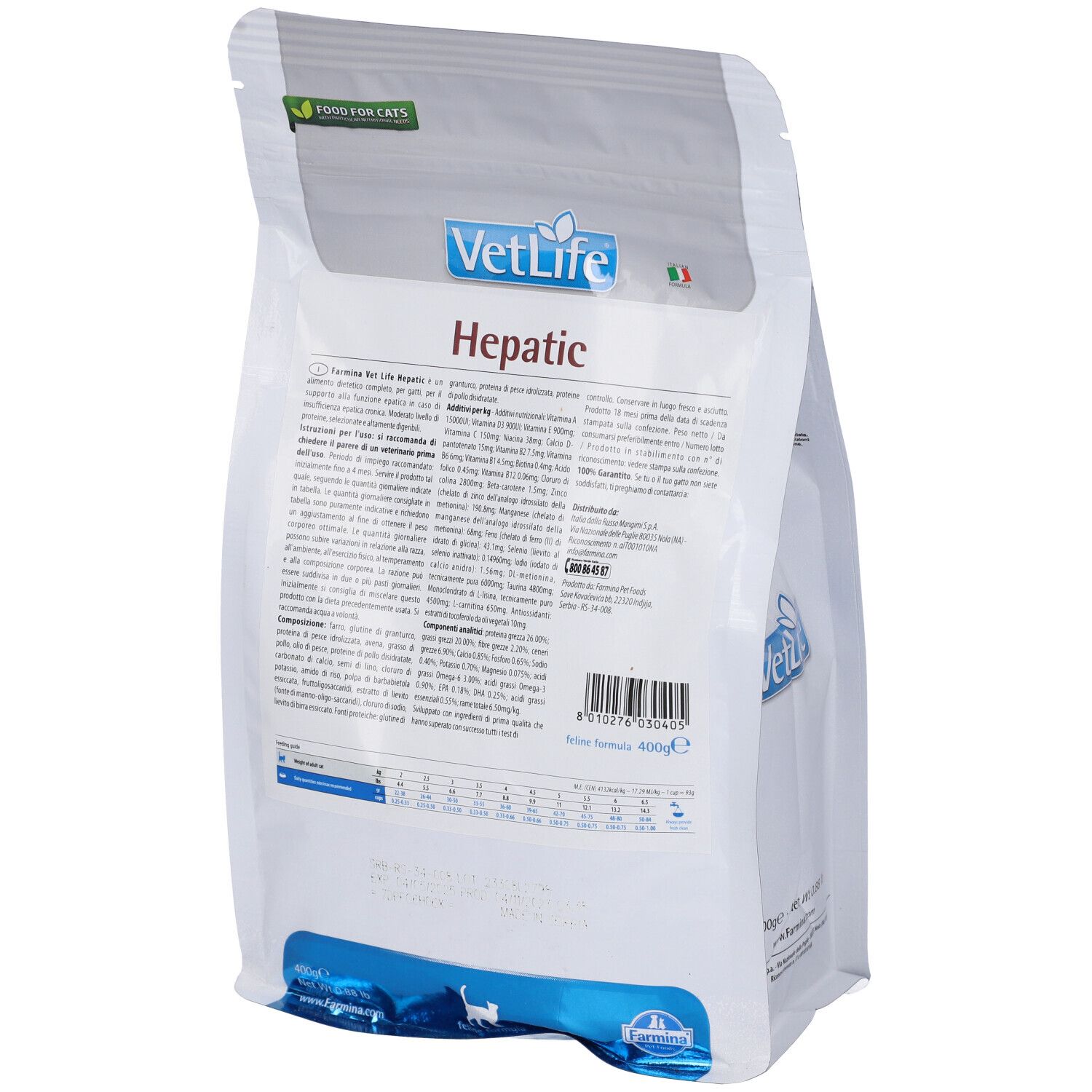 Rückseite des Trockenfutterbeutels. Textinformationen, Inhaltsstoffe, Fütterungsempfehlung. 'VetLife Hepatic'. Farmina-Logo.
