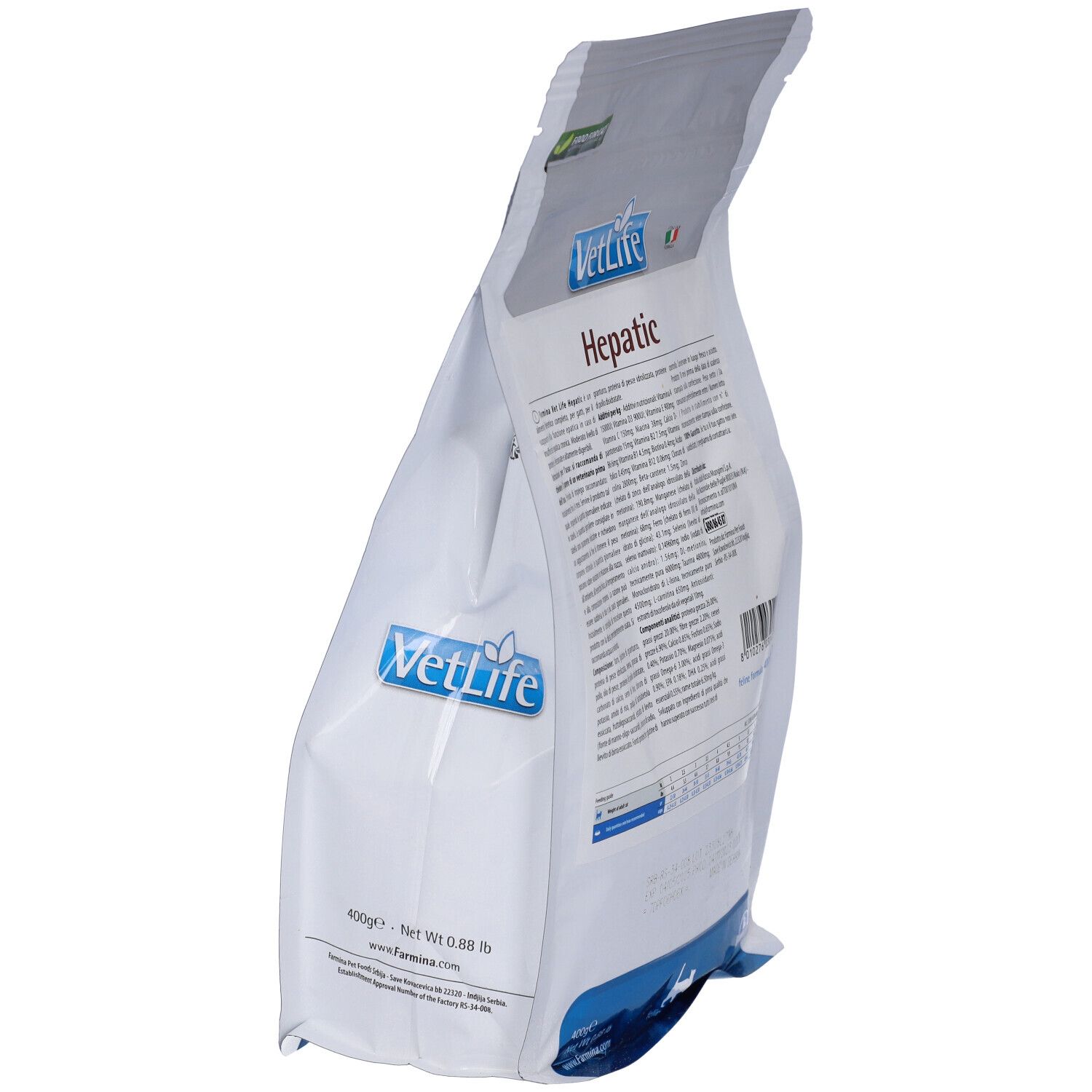 Schräg stehende Rückseite des Trockenfutterbeutels. Textinformationen, Inhaltsstoffe, Fütterungsempfehlung. 'VetLife'.