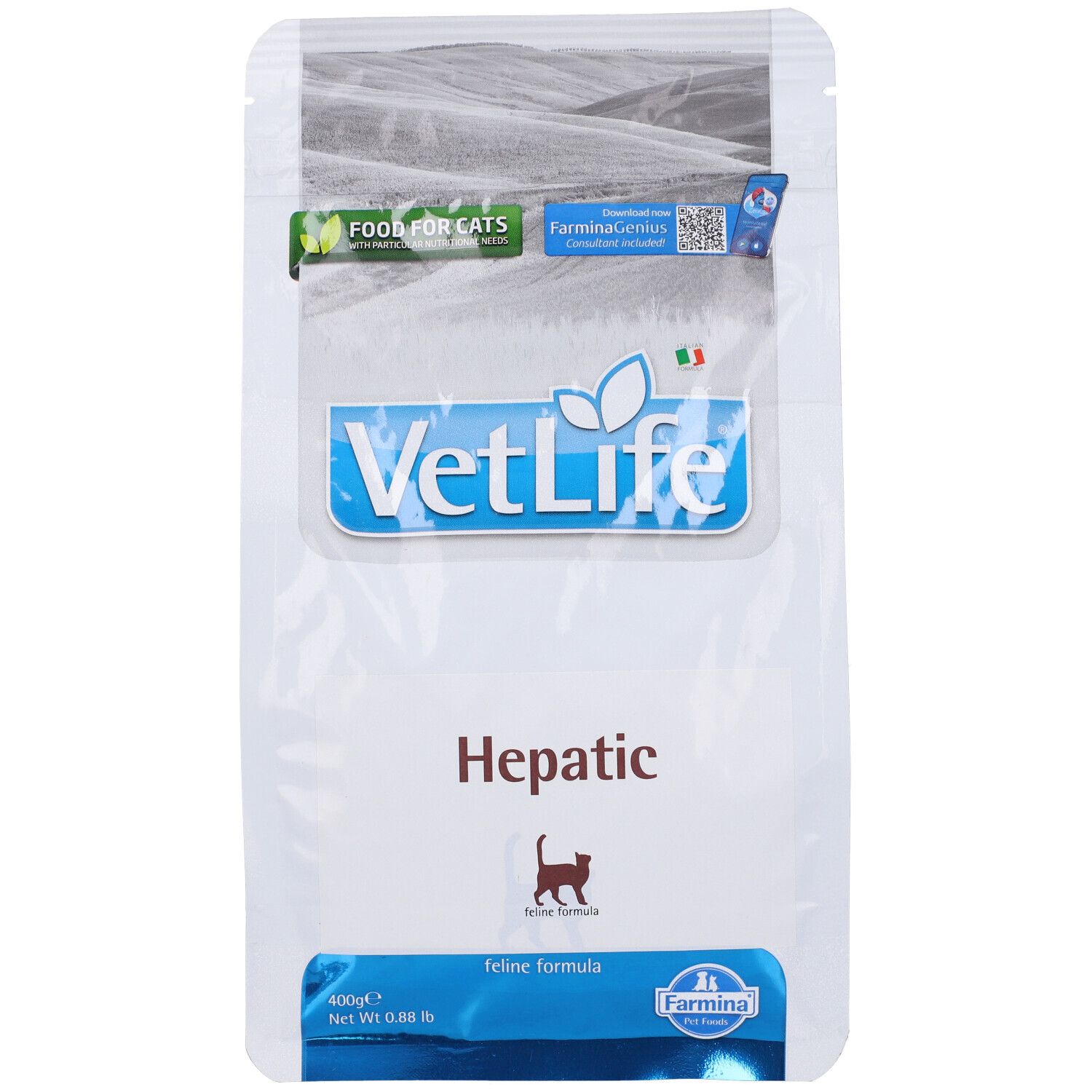 Trockenfutterbeutel für Katzen. Aufschrift 'VetLife Hepatic'. Logo mit Katze. 'Food for Cats' und Farmina-Logo.