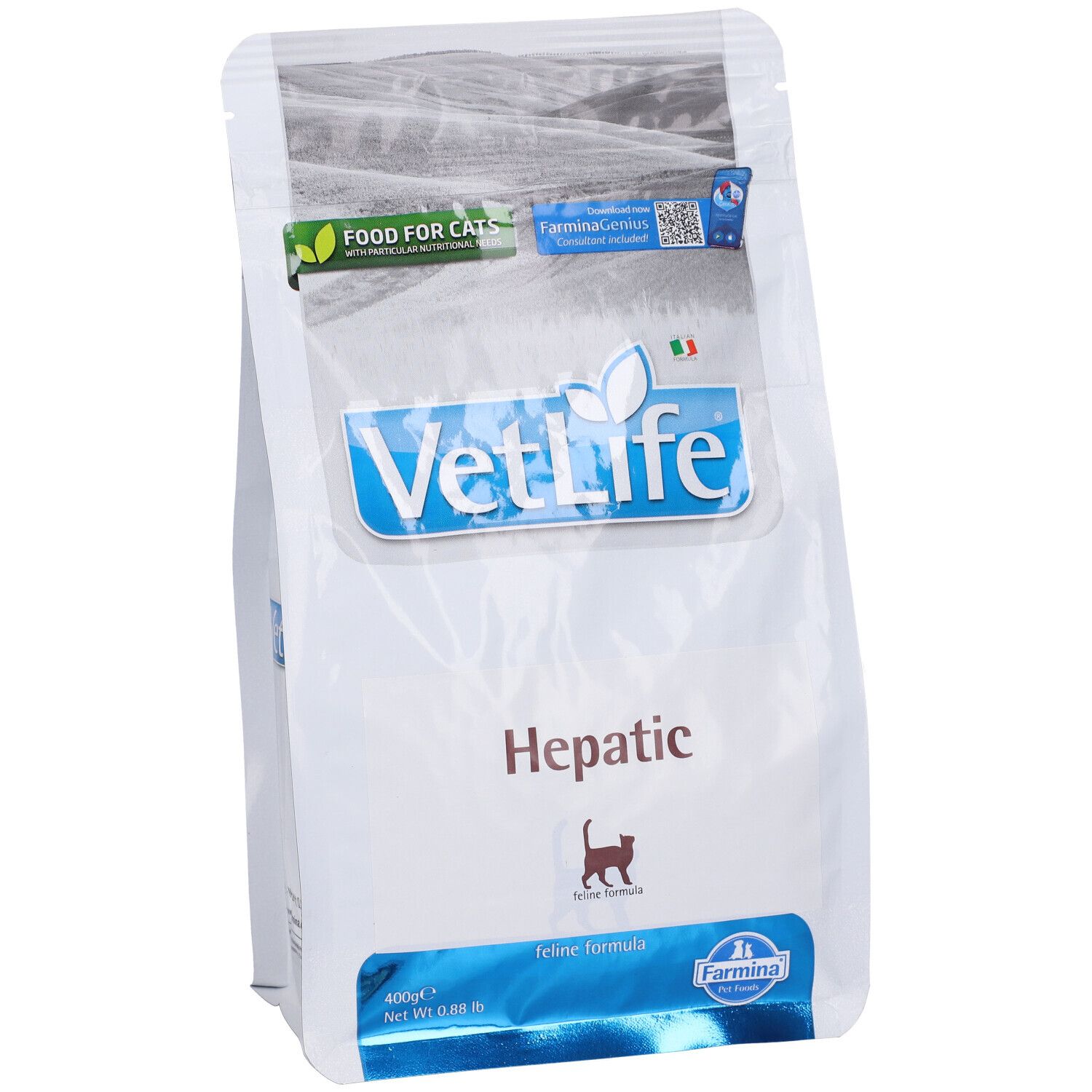 Trockenfutterbeutel für Katzen. Aufschrift 'VetLife Hepatic'. Logo mit Katze. Farmina-Logo. 'Food for Cats'.
