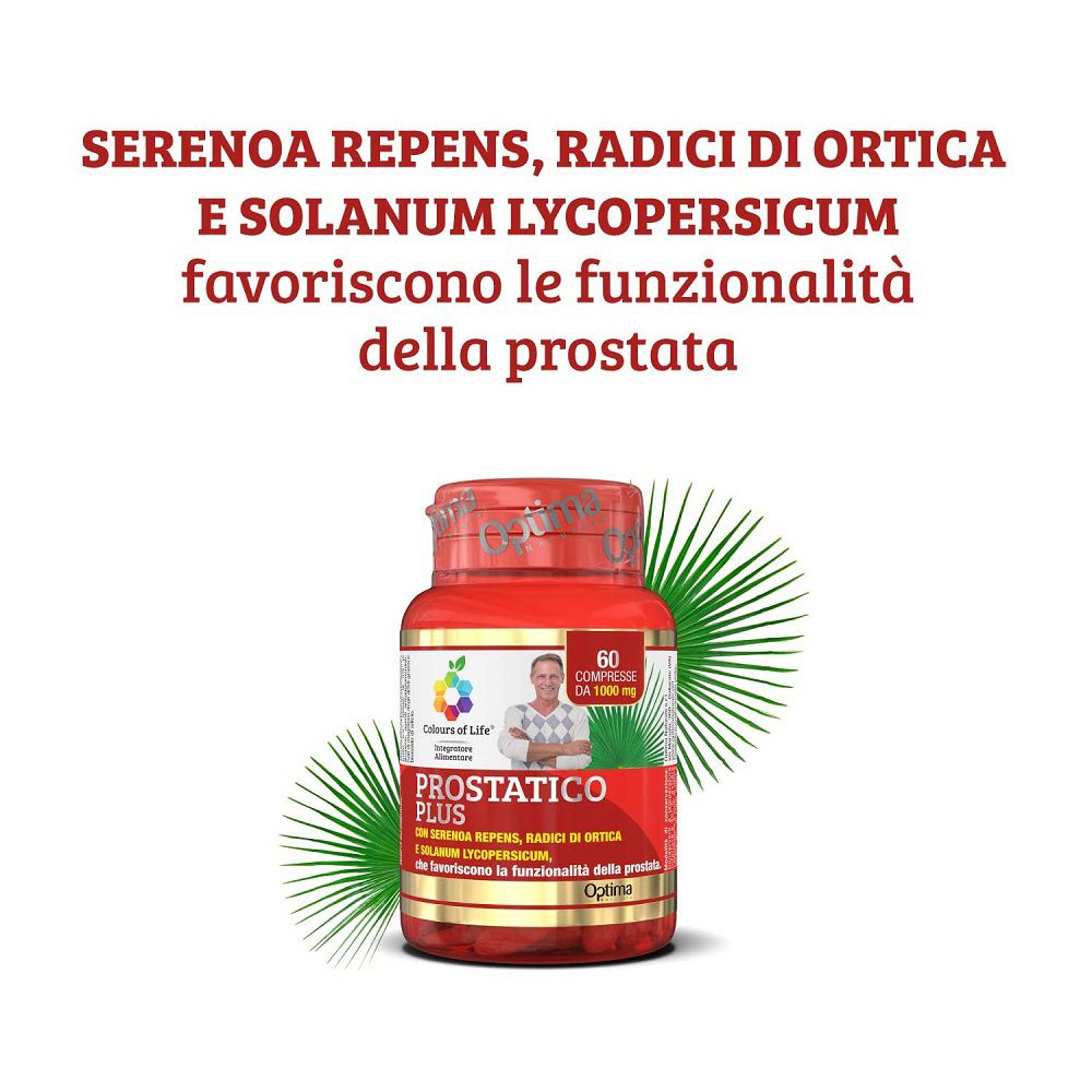 Rote Pillendose 'Prostatico PLUS' mit Blattwerk und Text über Prostatainhaltsstoffe.
