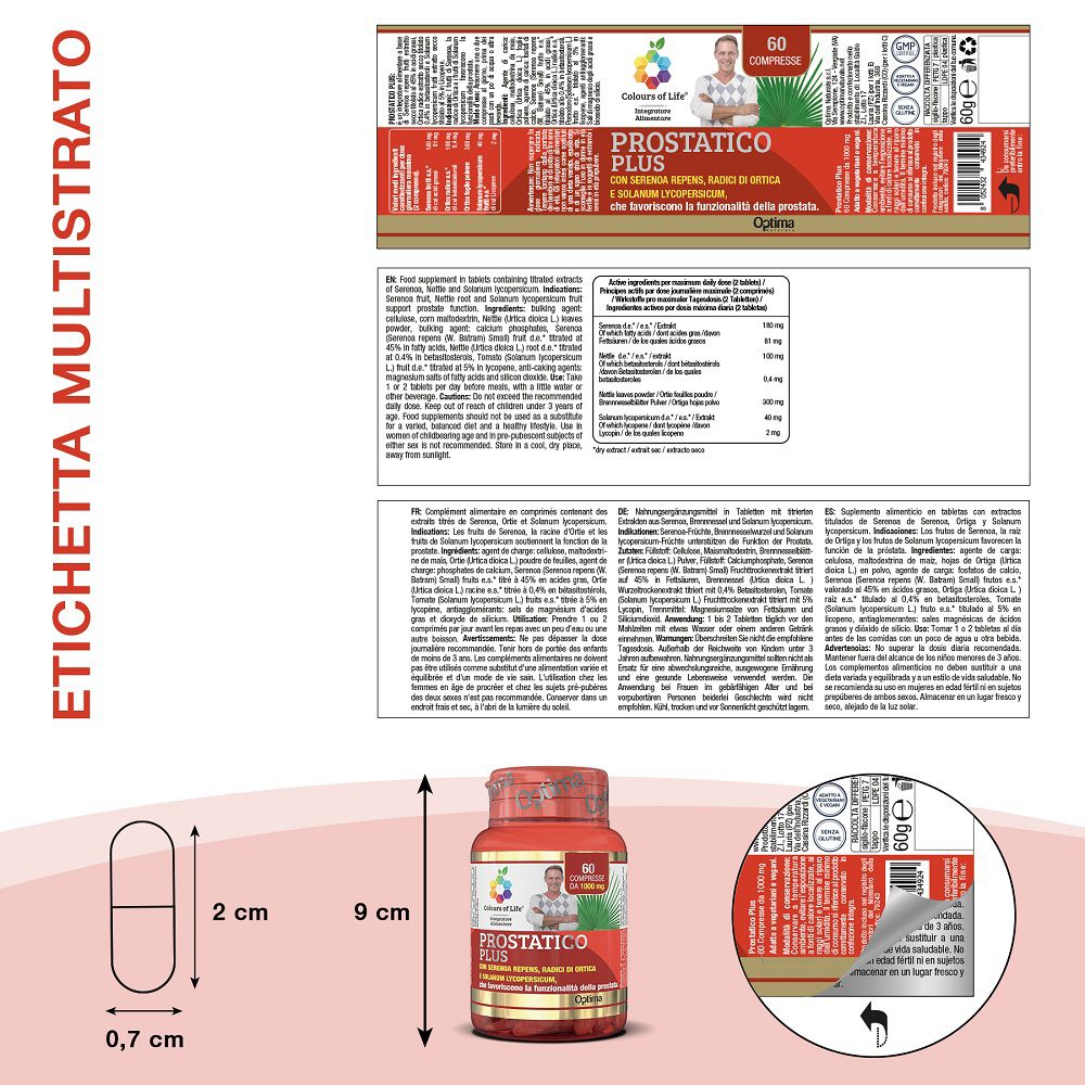 Rote Pillendose 'Prostatico PLUS', Etiketten und eine einzelne Kapsel mit Maßen.