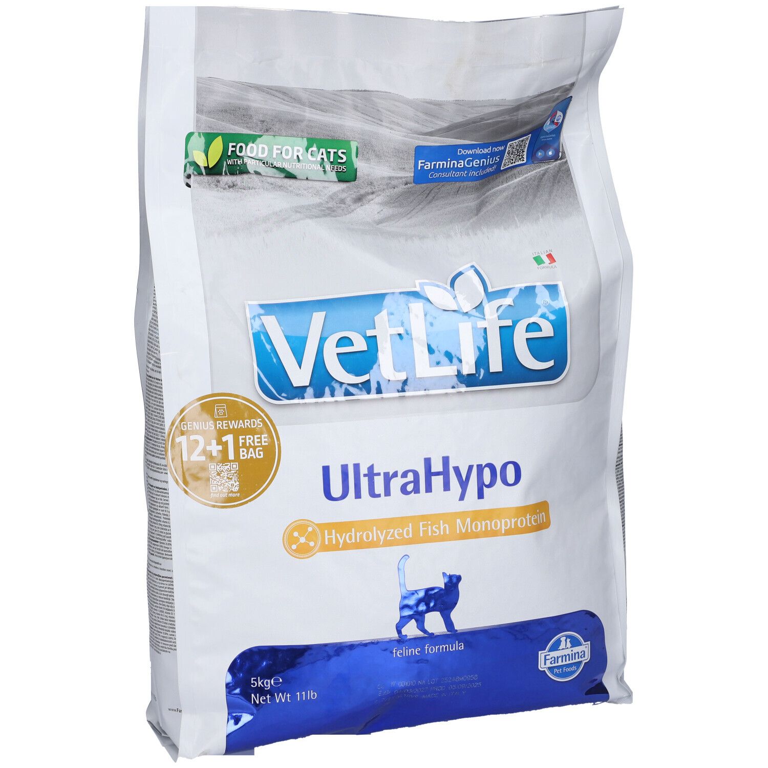 Weißer Beutel mit blauer Schrift. Aufschrift: VetLife UltraHypo, hydrolysiertes Fisch-Monoprotein. Katze-Silhouette.