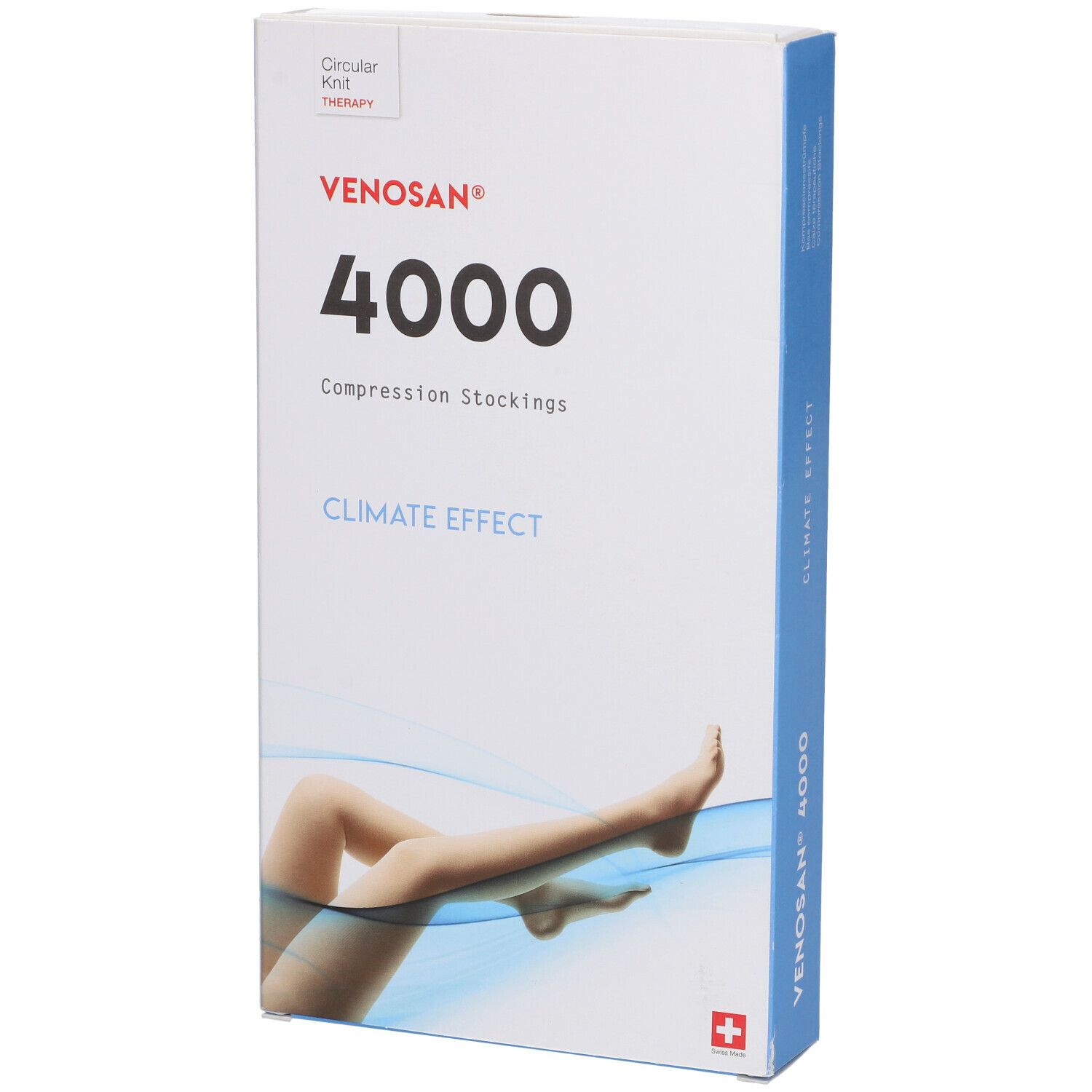 Venosan 4000 Kompressionsstrümpfe Verpackung. Aufdruck: Venosan 4000, Climate Effect. Abgebildet sind Beine mit Strümpfen.