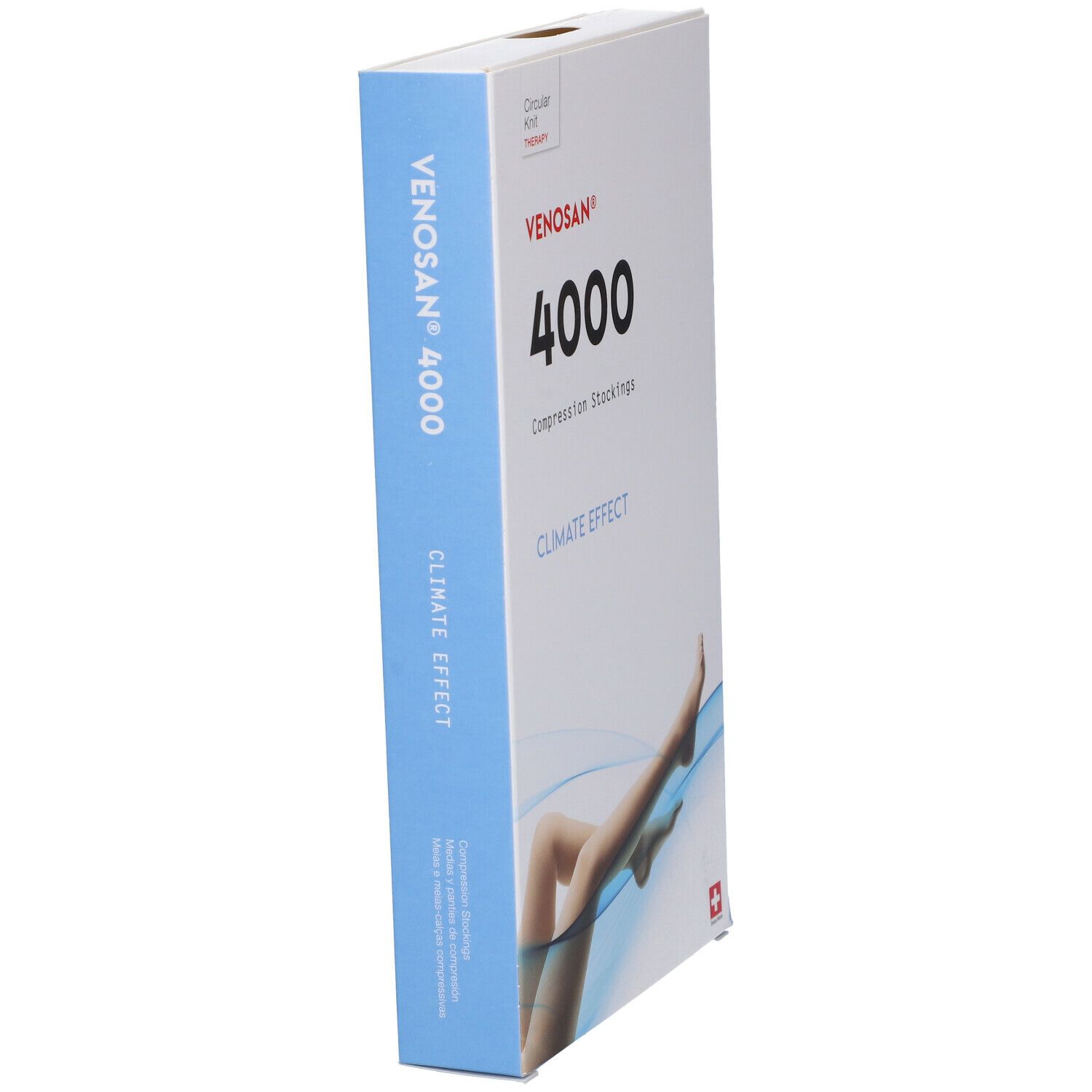 Venosan 4000 Kompressionsstrümpfe Verpackung. Aufdruck: Venosan 4000, Climate Effect. Abgebildet sind Beine mit Strümpfen.