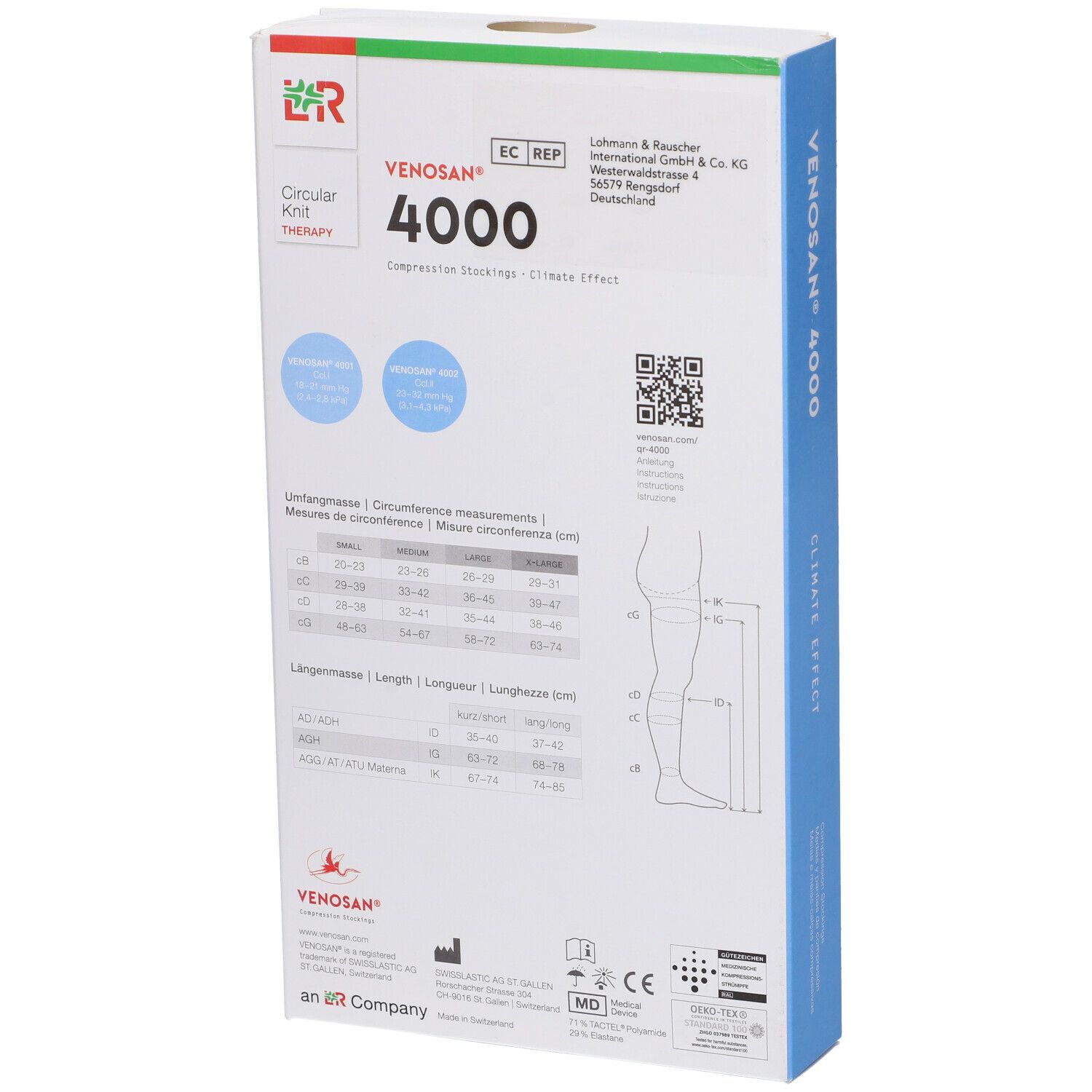 Rückseite der Venosan 4000 Verpackung. Angaben zu Umfangmessungen, QR-Code, MD-Kennzeichnung, CE-Kennzeichnung.