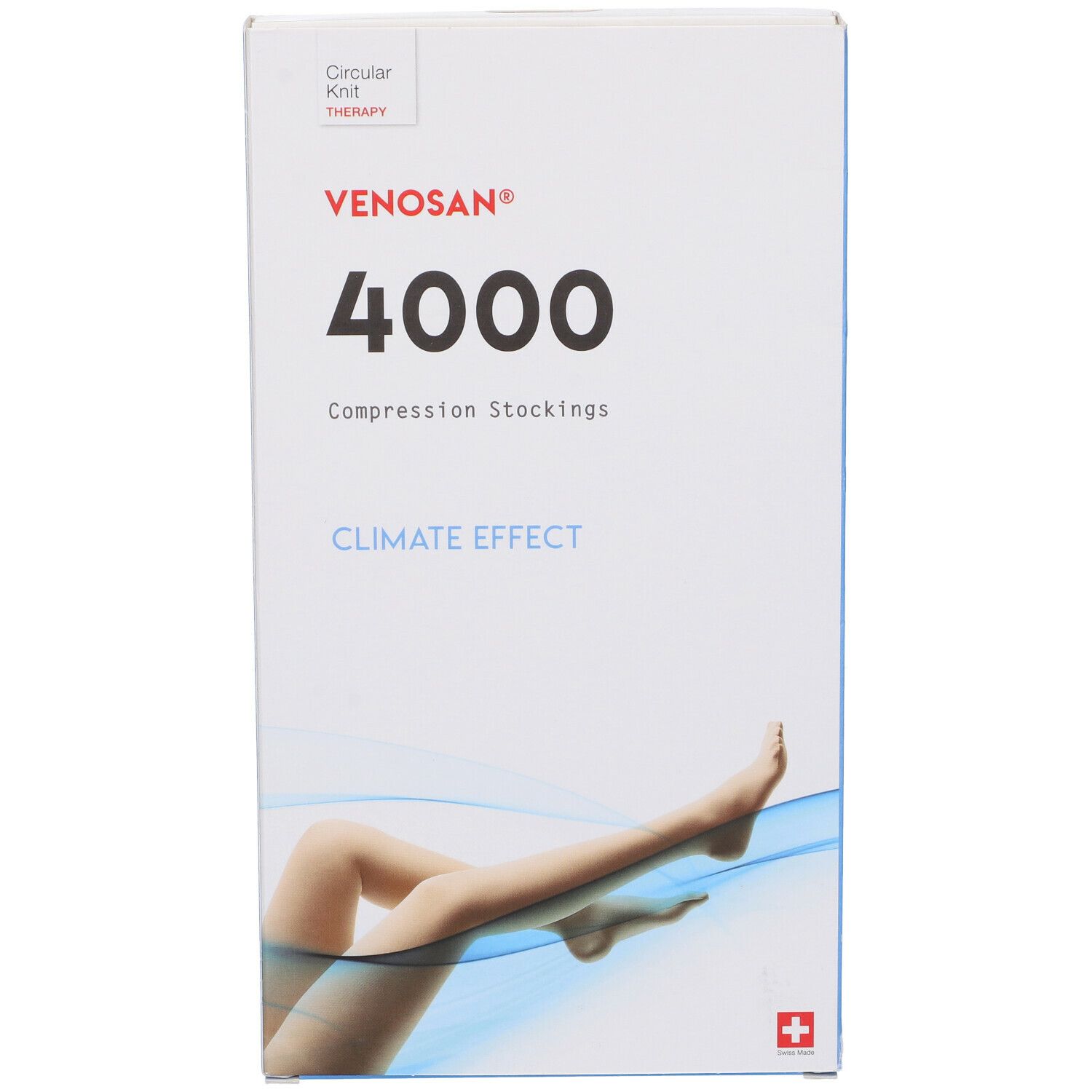 Venosan 4000 Kompressionsstrümpfe Verpackung. Aufdruck: Venosan 4000, Climate Effect. Abgebildet sind Beine mit Strümpfen.