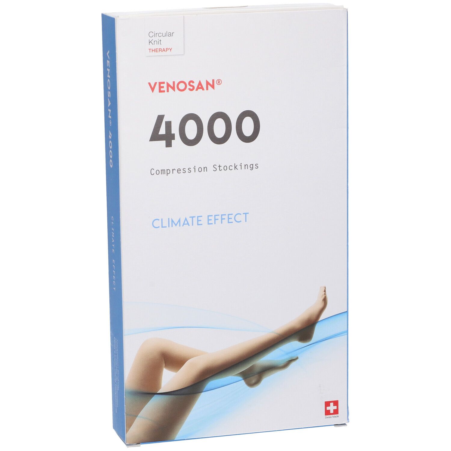 Venosan 4000 Kompressionsstrümpfe Verpackung. Aufdruck: Venosan 4000, Climate Effect. Abgebildet sind Beine mit Strümpfen.