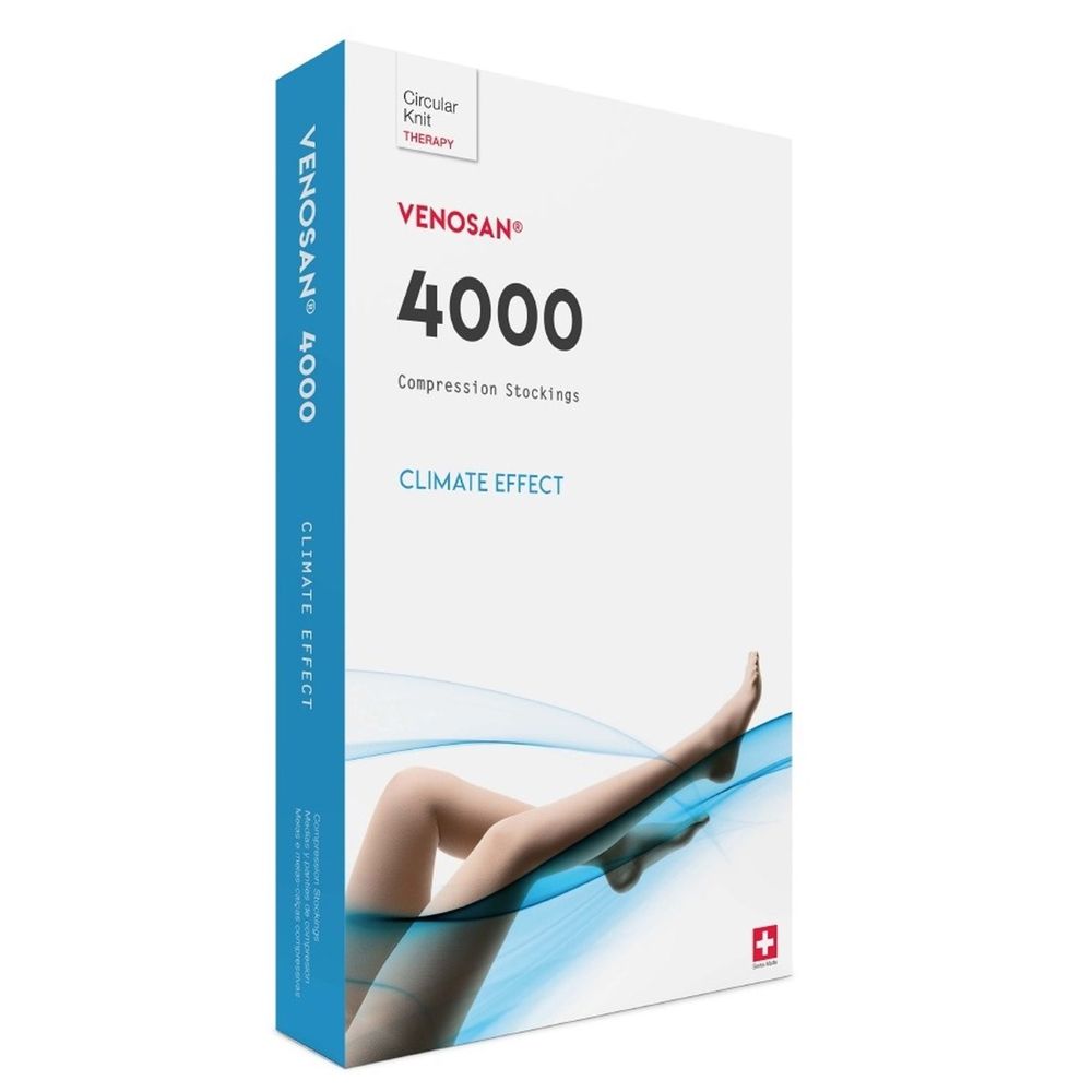 Verpackung von Venosan 4000 Kompressionsstrümpfen. Aufdruck: 4000, Climate Effect, Schweizer Kreuz.
