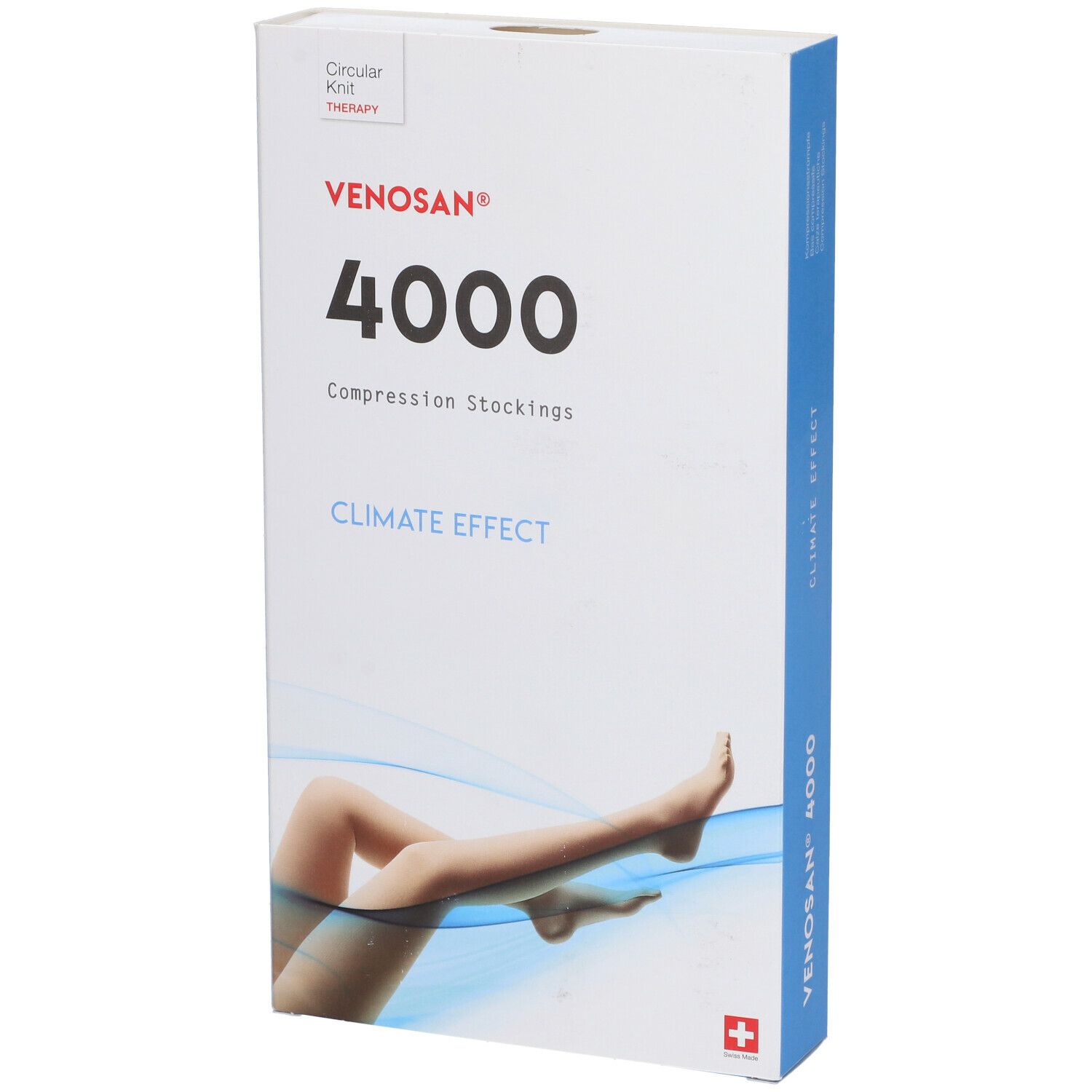 Venosan 4000 Kompressionsstrümpfe, Verpackung. Aufdruck: 4000, Climate Effect, Schweizer Kreuz. Winkelansicht.