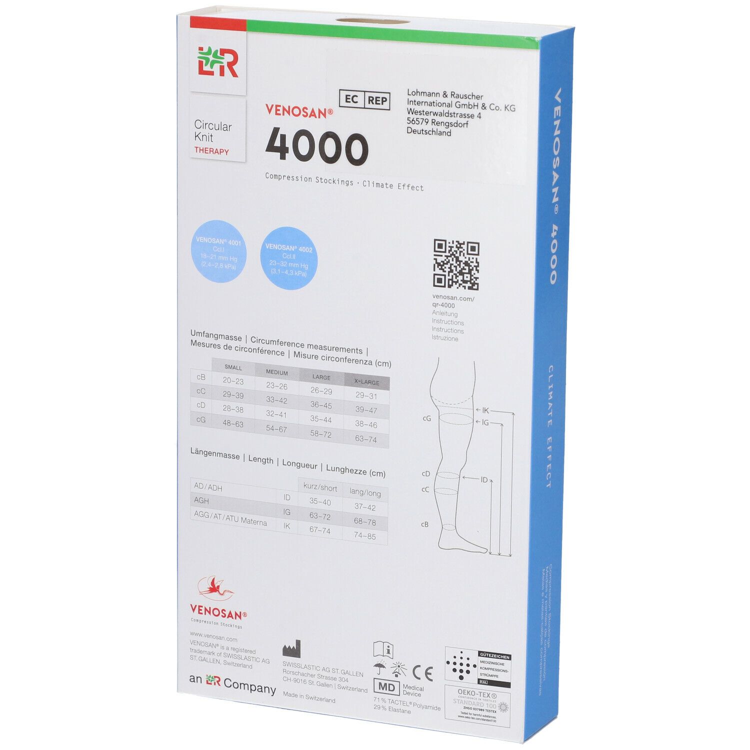 Rückseite der Verpackung von Venosan 4000 Kompressionsstrümpfen. Tabellen mit Maßen, QR-Code, CE-Kennzeichnung.