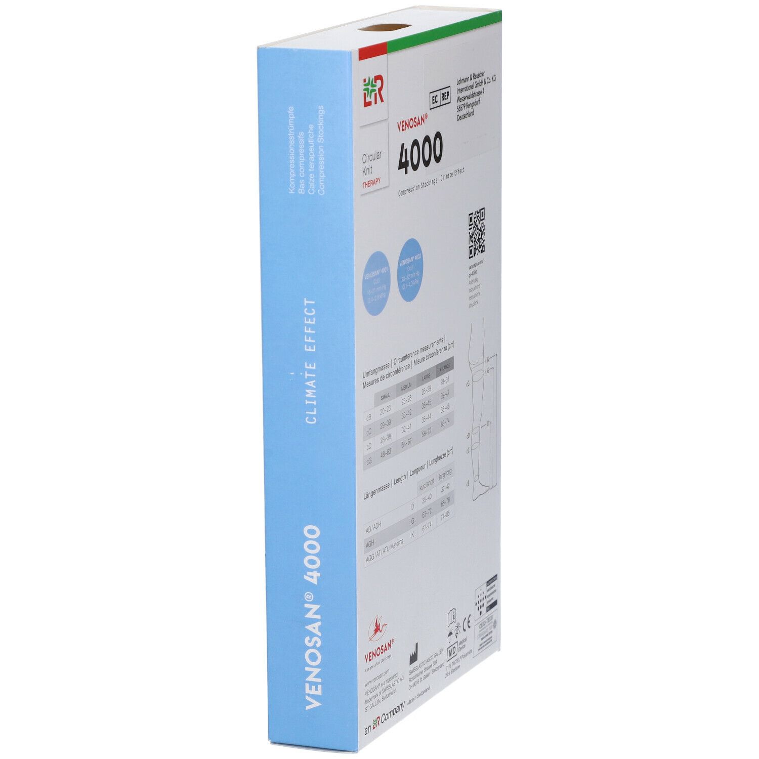 Venosan 4000 Kompressionsstrümpfe, Verpackung. Aufdruck: 4000, Climate Effect, Schweizer Kreuz. Seitenansicht.