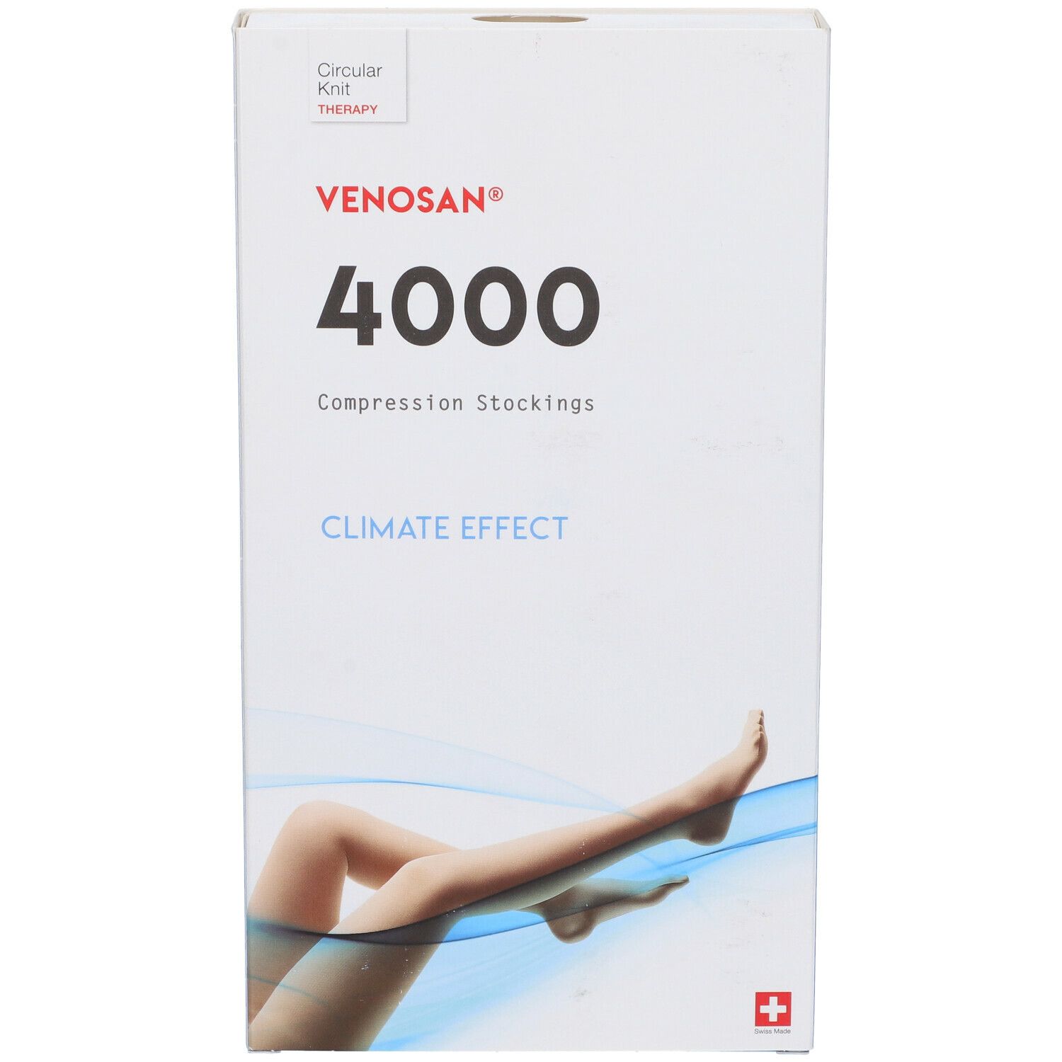 Venosan 4000 Kompressionsstrümpfe, Verpackung. Aufdruck: 4000, Climate Effect, Schweizer Kreuz.