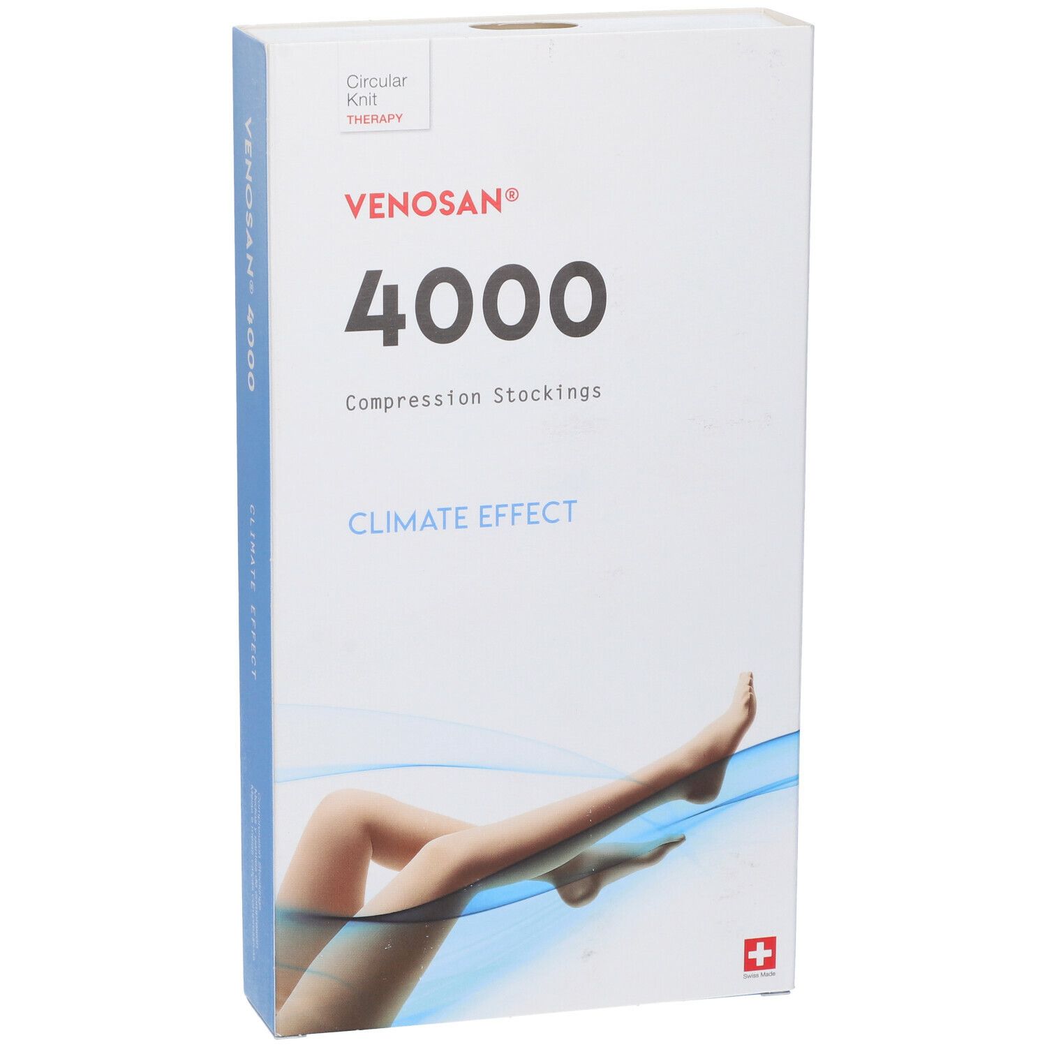 Venosan 4000 Kompressionsstrümpfe, Verpackung. Aufdruck: 4000, Climate Effect, Schweizer Kreuz.