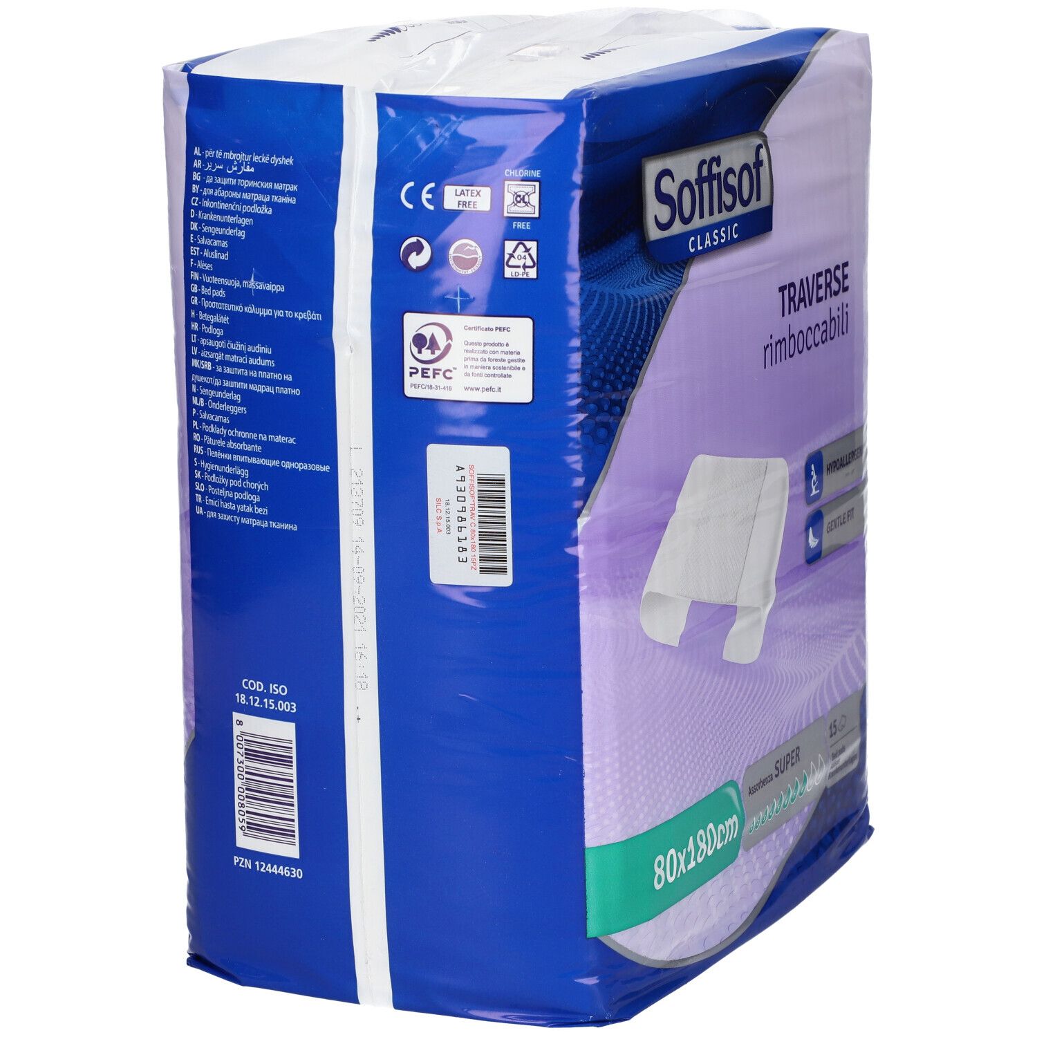 Rückseite der Soffisof Classic Verpackung. Text in mehreren Sprachen. CE-Kennzeichnung, PEFC-Zertifizierung, Barcode.