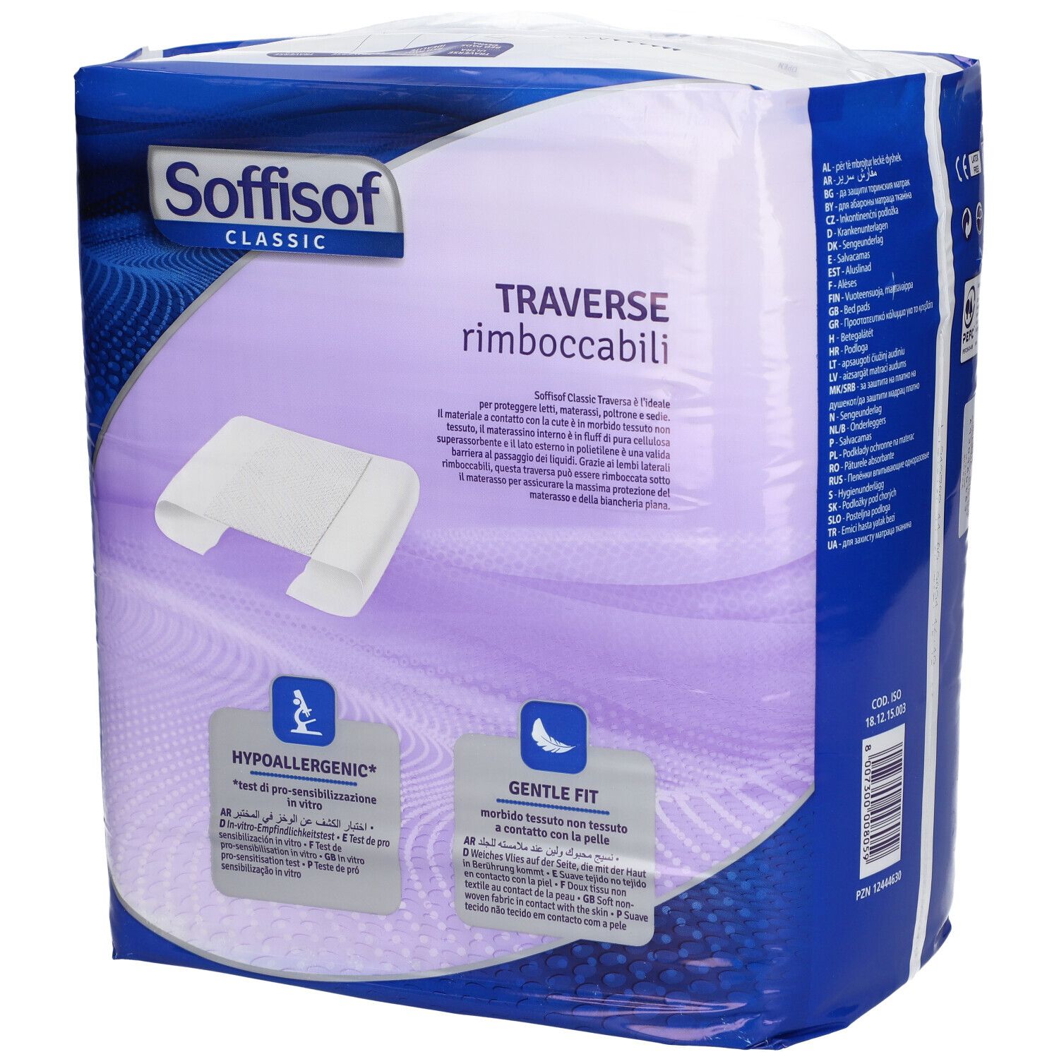 Verpackung von Soffisof Classic. Aufdruck: Traverse rimboccabili, hypoallergen, sanfte Passform. Text in mehreren Sprachen.