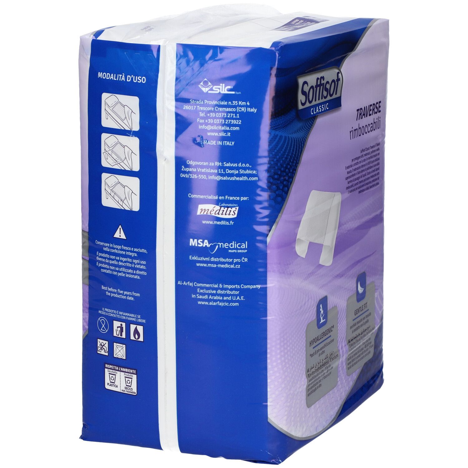 Seite der Soffisof Classic Verpackung. Piktogramme, Adresse des Herstellers, Text in mehreren Sprachen.