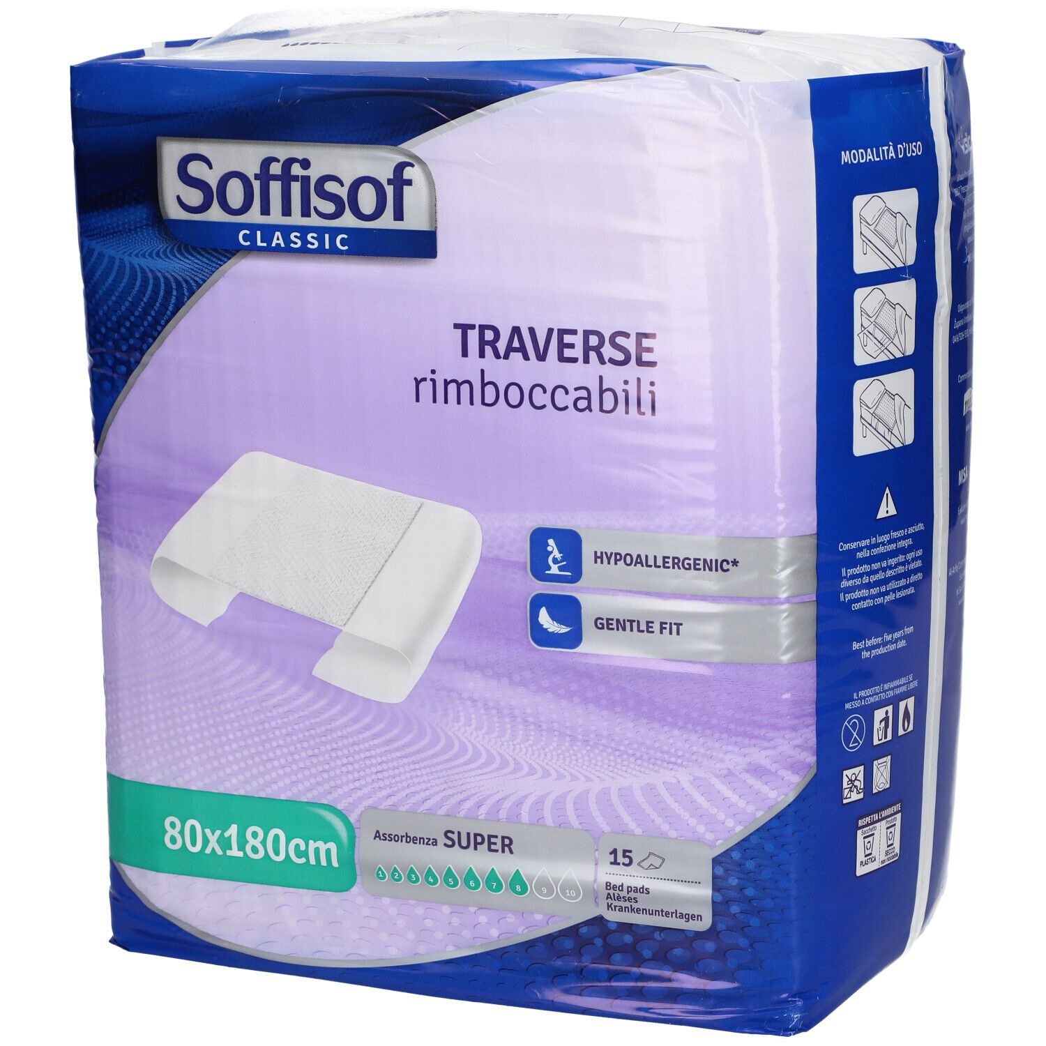 Vorderseite der Soffisof Classic Verpackung. Aufdruck: Traverse rimboccabili, 80x180cm, hypoallergen, sanfte Passform. 15 Stück.