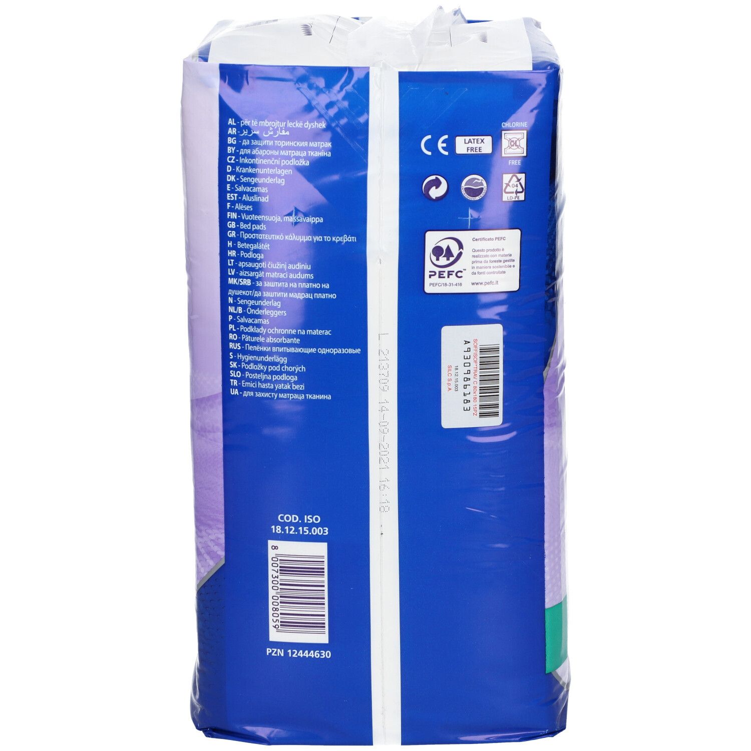 Rückseite der Soffisof Classic Verpackung. Text in mehreren Sprachen. CE-Kennzeichnung, PEFC-Zertifizierung, Barcode.