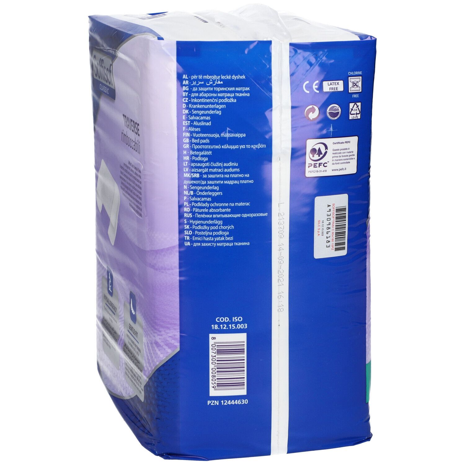 Rückseite der Soffisof Classic Verpackung. Text in mehreren Sprachen. CE-Kennzeichnung, PEFC-Zertifizierung, Barcode.