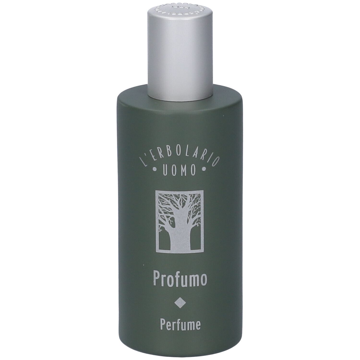 Dunkelgrüne Flasche mit silbernem Verschluss. Beschriftung: L'ERBOLARIO UOMO, Profumo, Perfume.